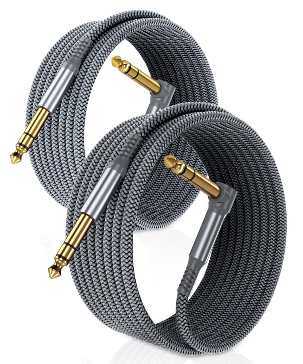 RUXELY 6.35mm TRS Instrument Cable 20FT 2-Pack,Right Angle 90 Degree 1/4 Inch Male Jack Stereo Audio Cord,6.35 Balanced Line Lead for Electric Guitar,Bass,Keyboard,Mixer,Amplifier/AMP,Speaker,Equalizer
