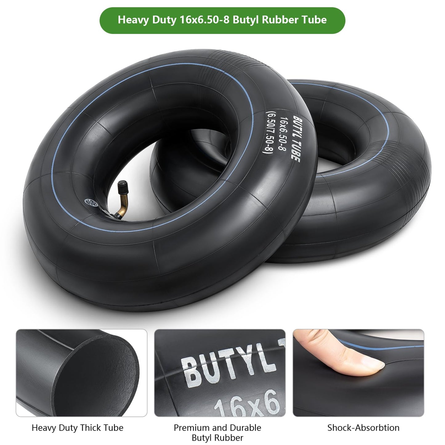 Heavy Duty 16x6.50-8 Inner Tubes with TR-87 Bent Valve Stem, Premium Replacement 16x6.50-8/16x7.50-8 Lawn Mower Tire Tubes Fit for Tractor, Garden Trailer, Golf Carts, Wheelbarrows and More Pack of 2