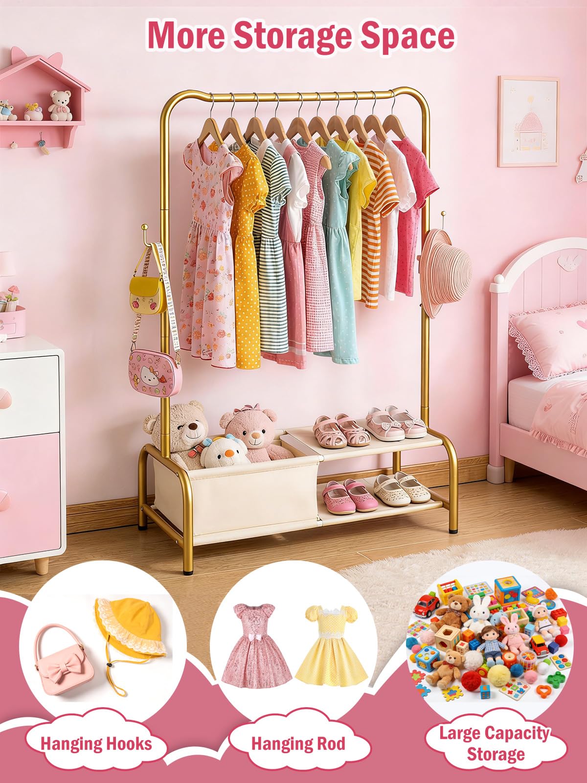 Kids Clothing Rack with Storage Shelf - Portable Kids Dress Up Rack for Baby Clothes, Costumes - Heavy Duty Toddler Garment Organizer, Closet for Kids Room, Girl Gift Idea -Gold