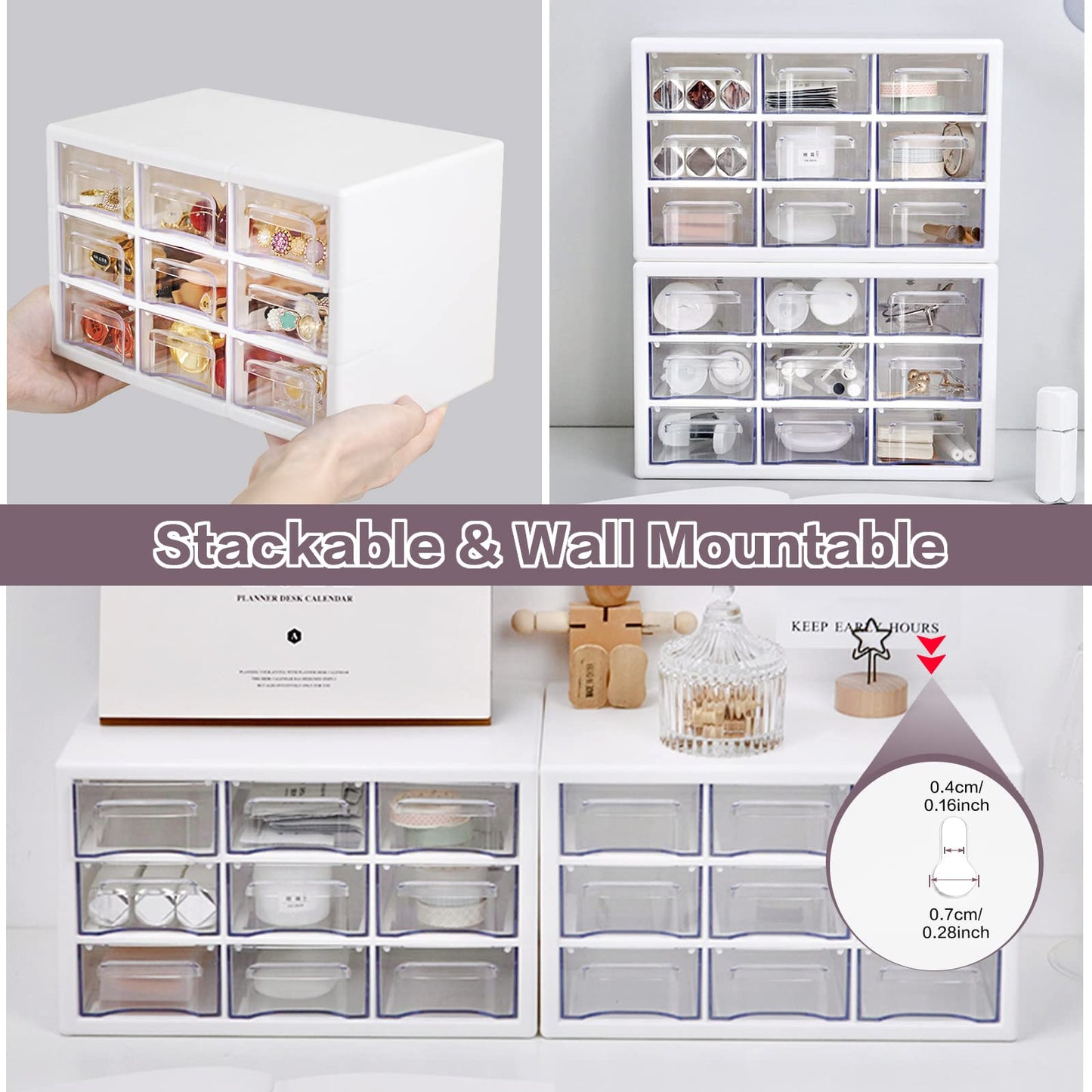 MYKASEN Desk Storage Organizer with 9 Drawers, Clear Plastic Storage Cabinet, Stackable Desk Storage Box for Makeup Office Craft Hardware Art Supplies, 9.8×6.3×5.9inch(White)