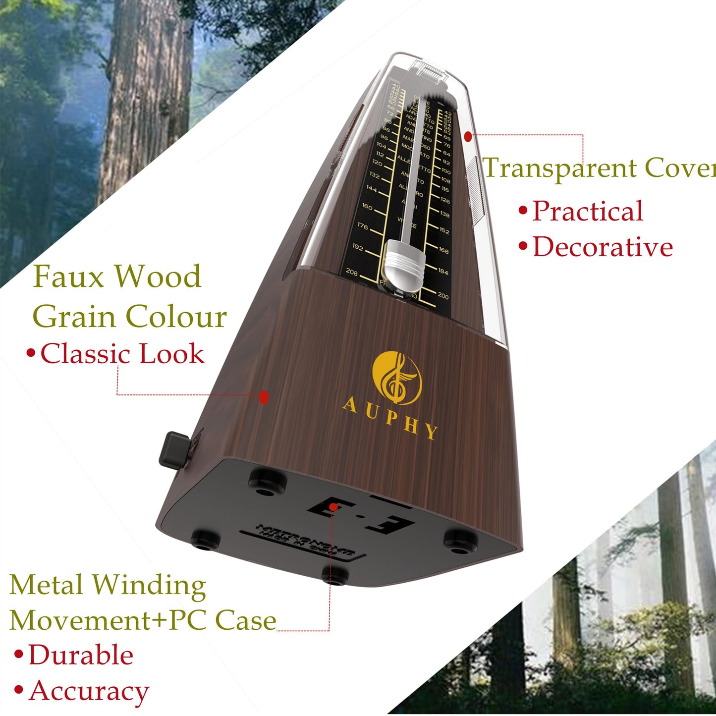 AUPHY Mechanical Metronome with Accent Bell, Classic Shape, Accurate Beat, Multiple Beat Modes, Suitable for Piano Guitar Drums Violin Saxophone etc（Wood Grain）