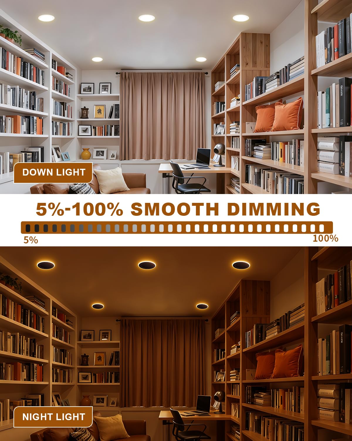 JESLED Pot Lights LED 4 inch with 2200K Night Light, 6CCT 2700K/3000K/3500K/4000K/5000K/6000K Dimmable Recessed Lights, 9W 750LM, ETL FCC Listed, 6 Pack