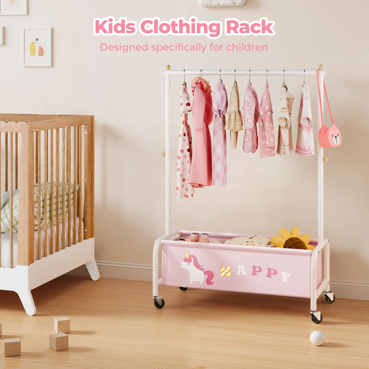 GRANNY SAYS Kids Clothing Rack with Wheels, Baby Clothes Rack Heavy Duty, Dress Up Storage Organizer, Toddler Garment Rack for Organizing Child Clothes Toys, Kid Closet for Little Girls, Pink