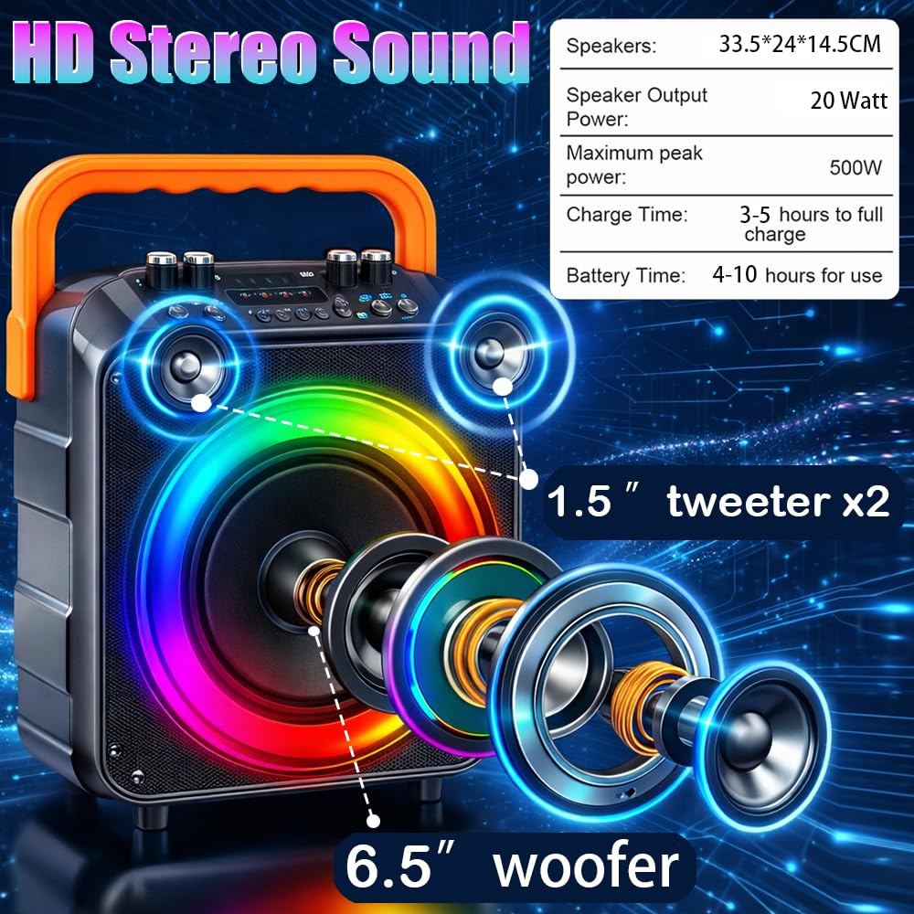 Karaoke Machine with 2 Wireless Microphones, Portable PA Speaker with Dynamic LED Lights, Support TWS REC/FM/AUX/USB/TF Playback for Home Parties Outdoor Events | for Adults and Kids (Orange)