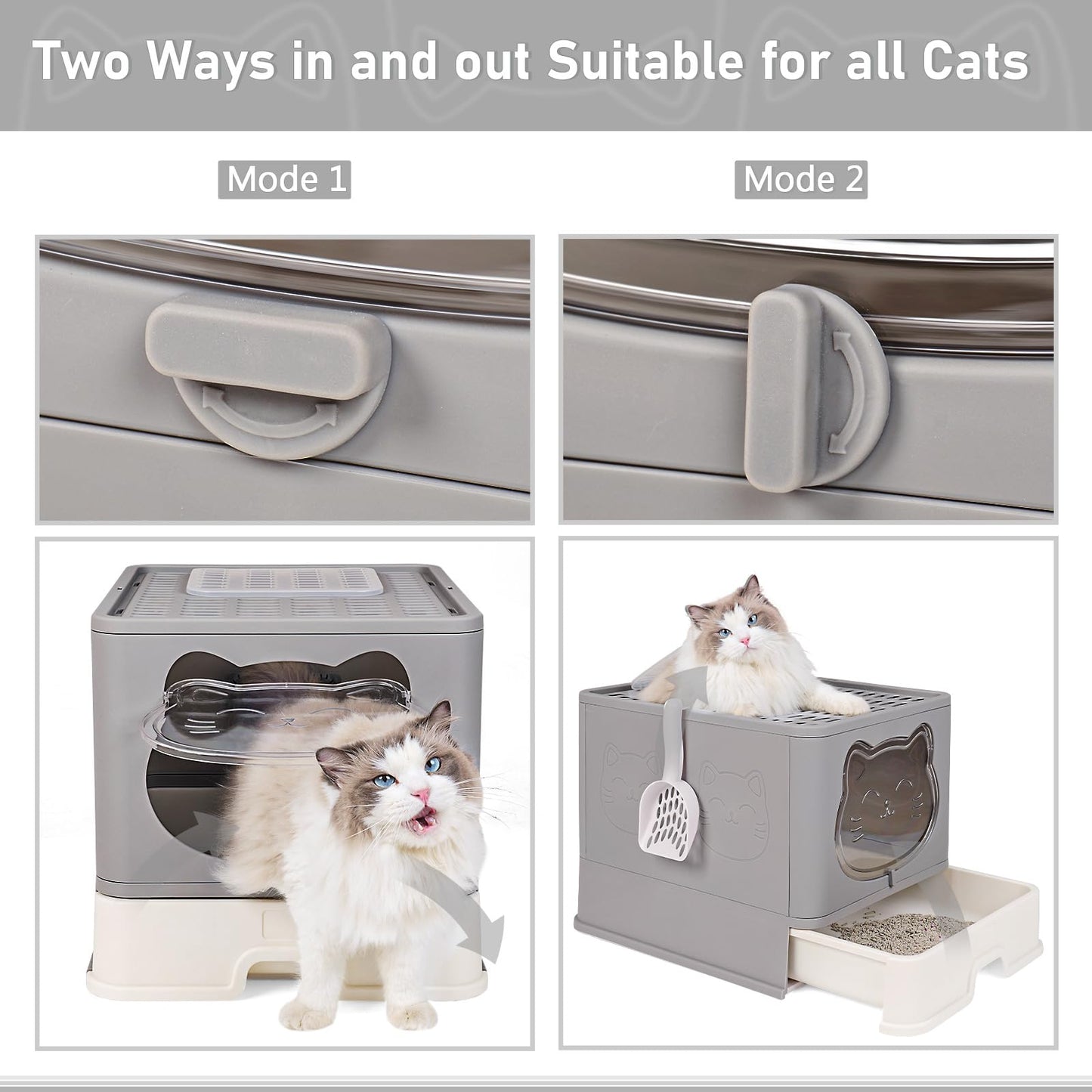 HelloMiao Enclosed Cat Litter Box with Stainless Steel Drawer & Lid - Extra Large, Leak-Proof and Odor-Control Covered Design Litter Tray or Indoor Cats, Includes Litter Scoop & Mat