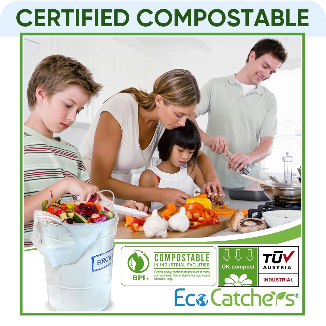 EcoCatchers Compost Bags 11 Litre – 100 [+5] Certified Compostable Bags with Handles for Kitchen, Bathroom, Diaper Pail, Green Bin, 3 Gallon Biodegradable Garbage, Litter, or Poop Bags
