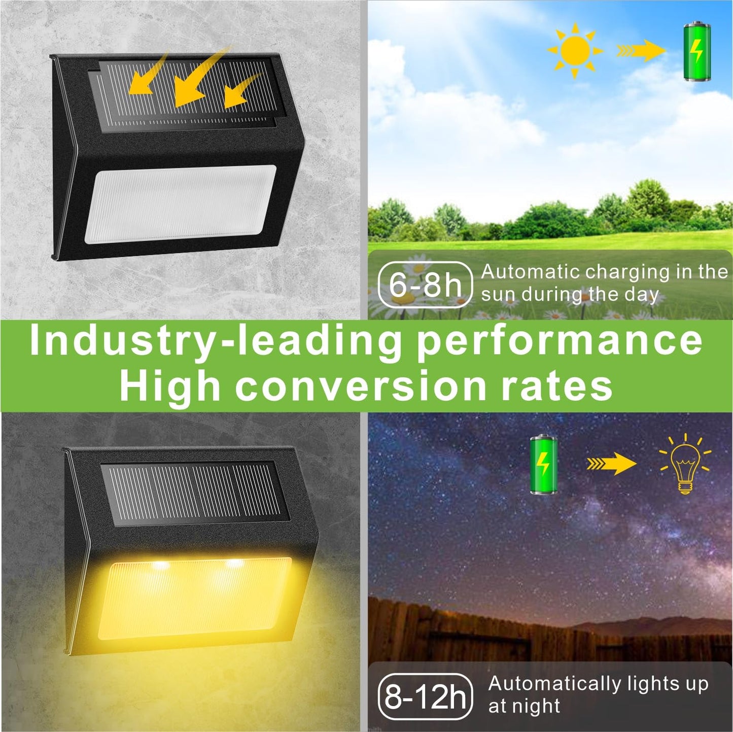 Solar Lights for Steps Decks Pathway Yard Stairs Fences, LED lamp, Rainproof, Black Metal case, 6 Pack
