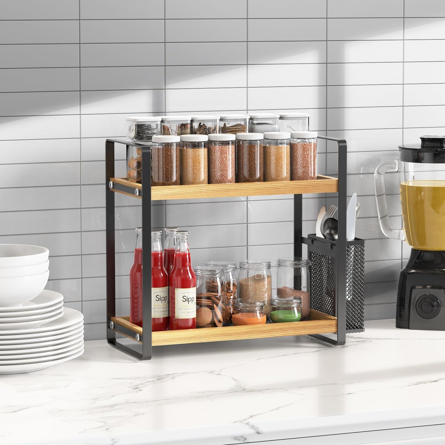 LEMIKKLE Wood Coffee Bar Accessories and Coffee Mug Cup Holder, kitchen organizers and storage,Spice Rack Organizer for Countertop,Kitchen(basket)