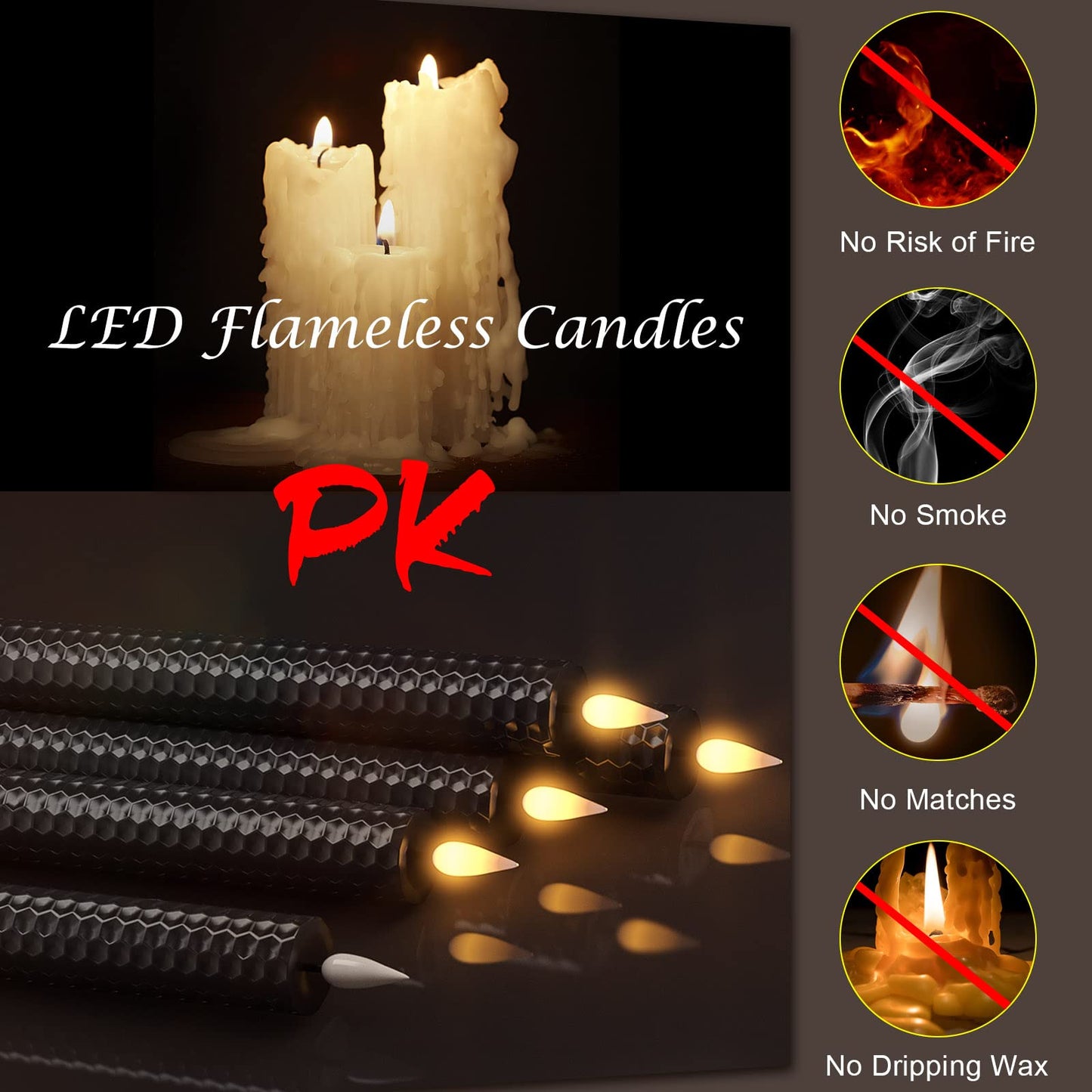 Punasi Black Flameless LED Taper Candles with Remote Timer, 9.75” Battery Operated Window Candles with 3D Flickering Flame, Real Wax Candlesticks for Home Room Table Halloween Christmas Decorations