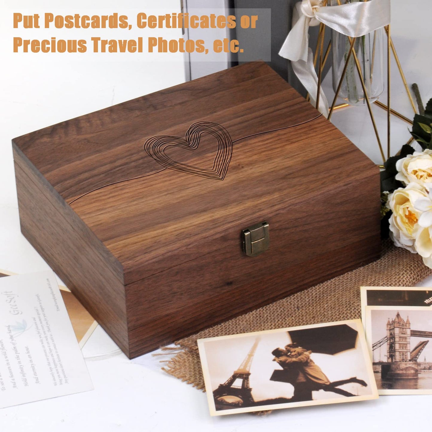 Wiaee Heart Laser Cut Wood Keepsake Box, Memory Box for Keepsakes Large, Wooden Storage Box with Hinged Lid Valentines Day Gifts for Him/Her, Anniversary, Wedding, Memory, Baby Shower Wooden box