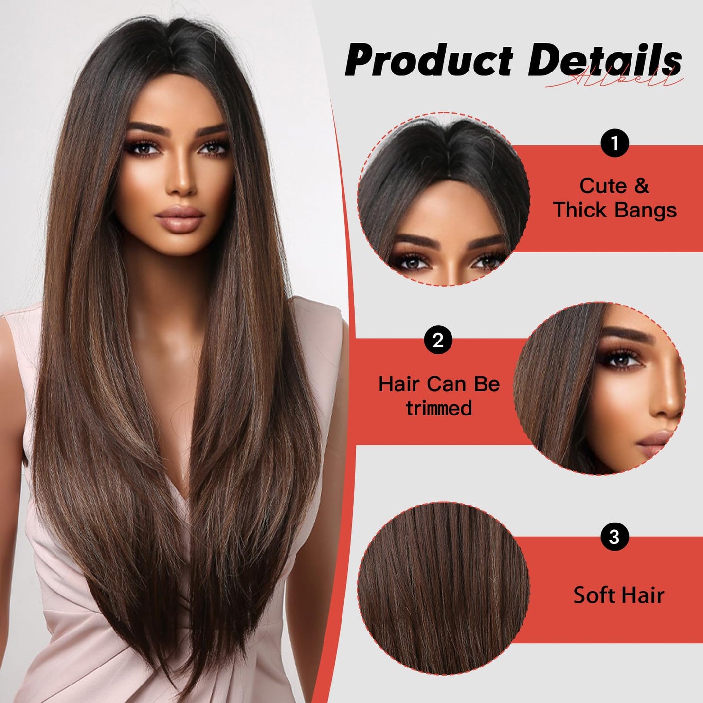 Brown Wigs for Women Long Straight Layered Natural Hair Wig with Dark Brown Roots Middle Part Synthetic Wig