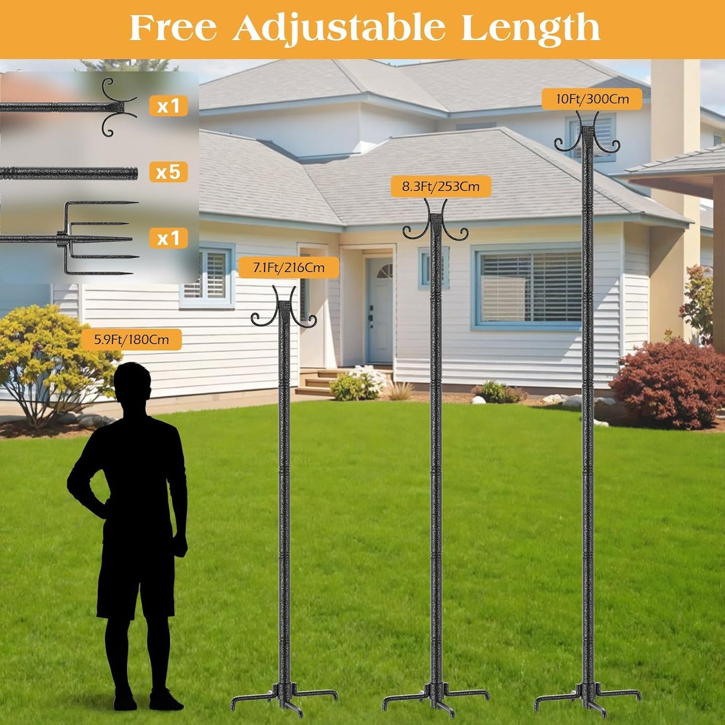 2 Pack Outdoor String Light Poles, Metal Lights Hanging Pole with Hooks and Rustproof, for Patio Garden Deck Backyard Lawn Sunshade and Decor