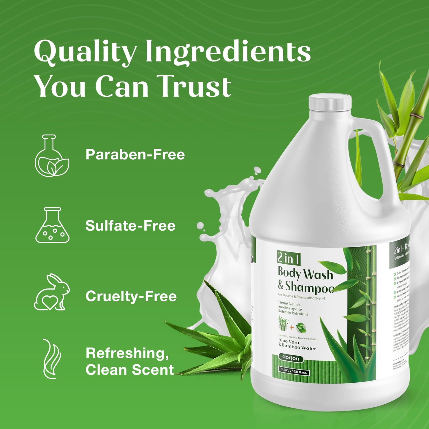 2-in-1 Shampoo and Body Wash with Pump - Aloe Vera & Bamboo Water Infused Moisturizing Formula Body Shampoo - Gentle, Refreshing Cleanser - Soothes, Hydrates, For All Skin, Hair Types - 1 Gallon