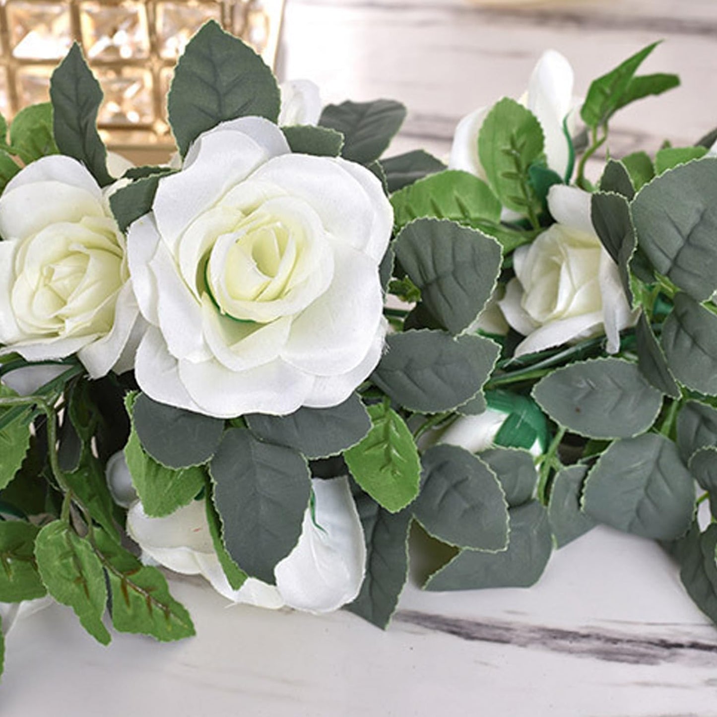 Bacucine Flower Garland Rose Vine 4Pcs 28FT Artificial Floral Garland with Green Leaves Hanging Rose Vine for Wedding Party Garden Home Wall Decor (White)