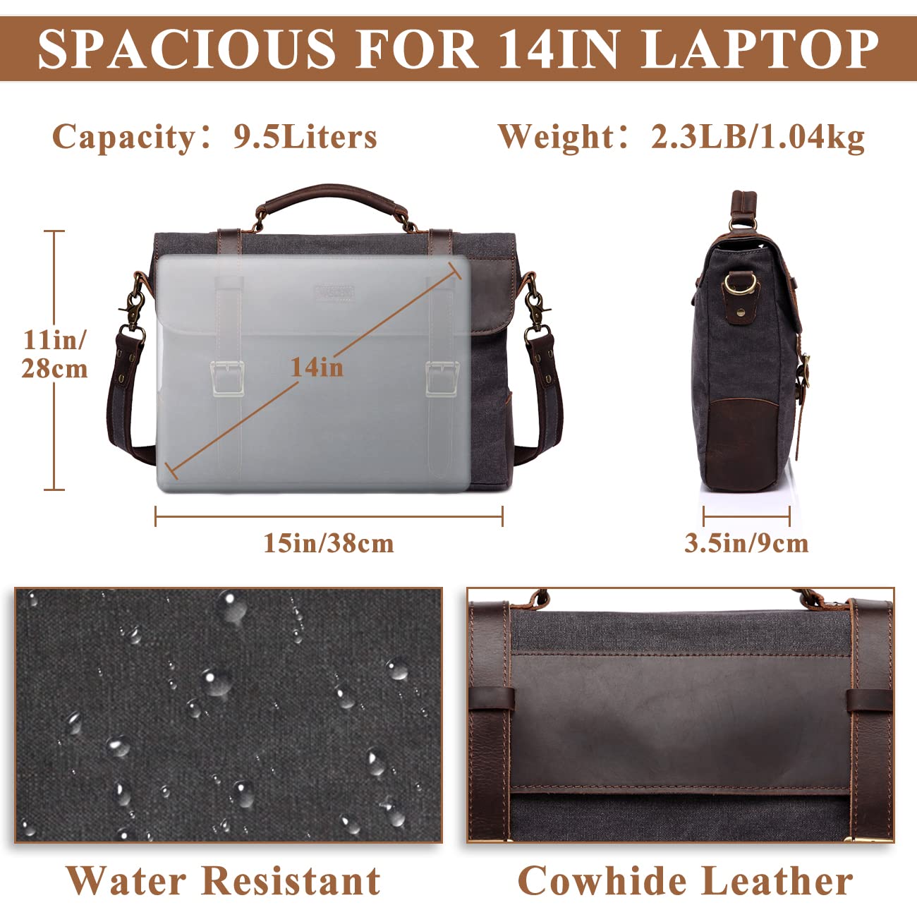 Messenger Bag for Men,Vintage Canvas Leather Canvas Laptop Satchel Shoulder Bag Business Briefcase, Gray-fits 14inch Laptop, Fits 14in Laptop