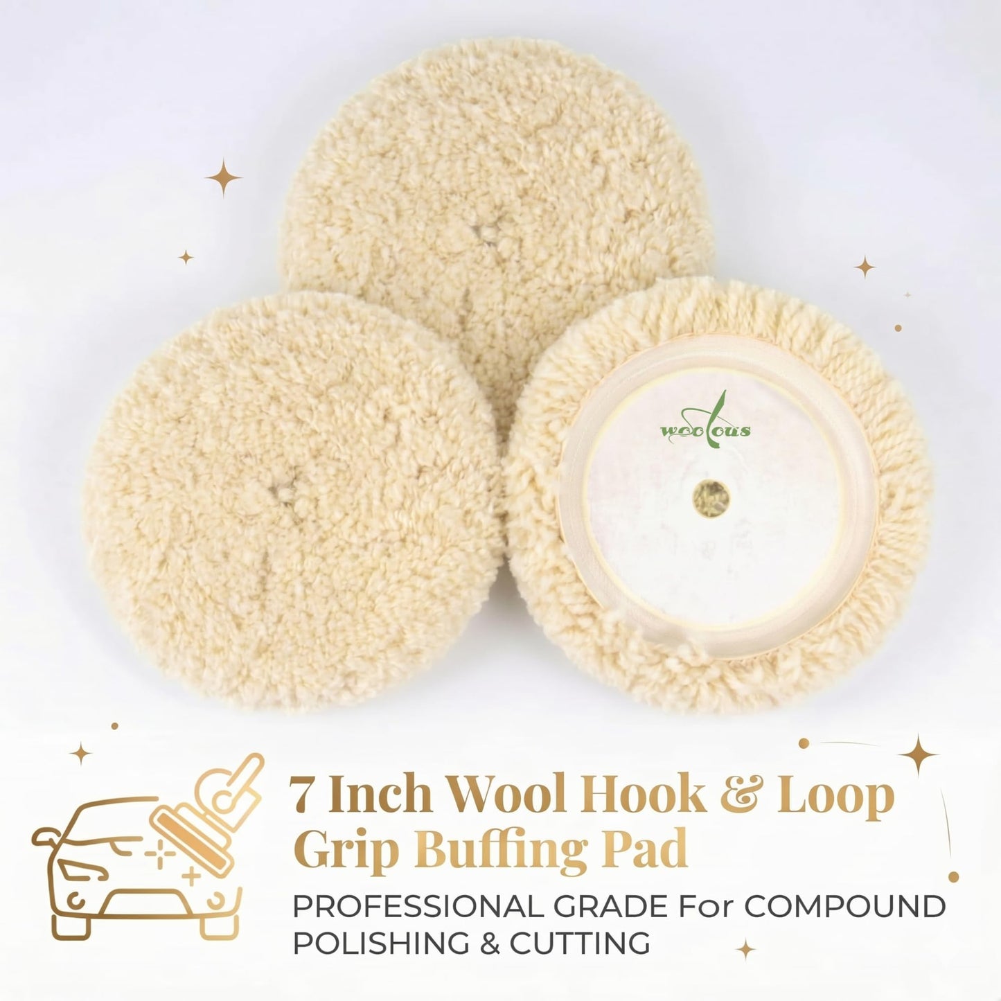 Woolous Wool Buffing Pads 7 Inch, 3 Pack - 100% Natural Wool Pads for Buffing, Polishing & Compounding Cars, Boats, Trucks & Motorcycles - Hook & Loop for Quick Attachment