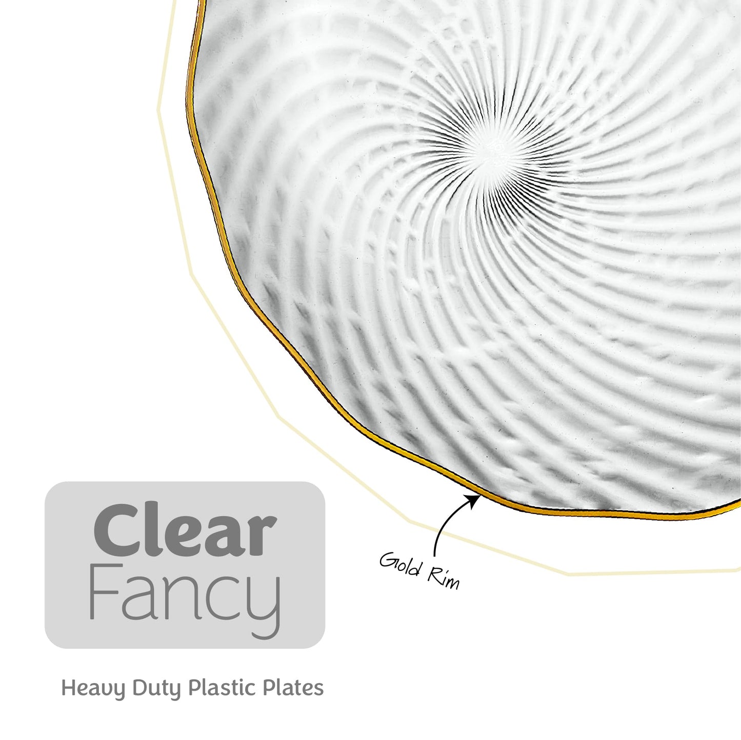 PLASTICPRO 30 Pack Elegant Plastic Plates 10 inch Clear with Gold Rim Spiral Design Disposable Plastic Dinner Plates