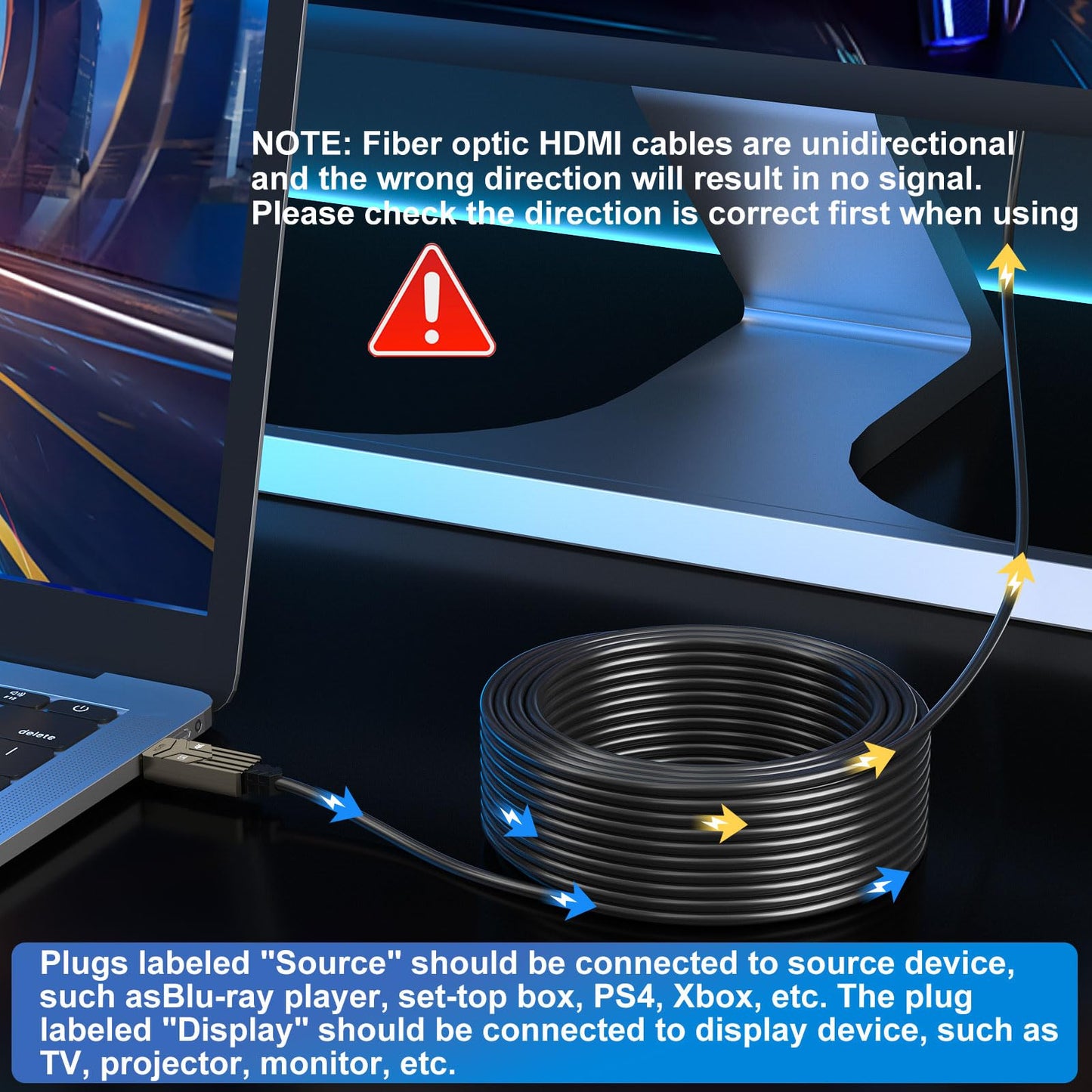 Soonsoonic Fiber Optic HDMI Cable 150ft,18Gbps 4K@60Hz(4:4:4) Unidirectional Active 2.0 Cord,Support HDR10 ARC HDCP 2.2 3D CEC Atmos DTS:X, Ultra high Speed Flexible and Slim（45m）