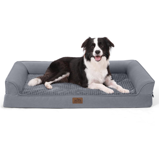 COZY KISS Orthopedic Dog Bed for Large Dog, XL Pet Couch for Extra Dog, Big Supportive Foam Bolster Sofa with Waterproof Lining Cover, Anti-Slip, Washable, U Shaped, 107x76x19cm, Grey