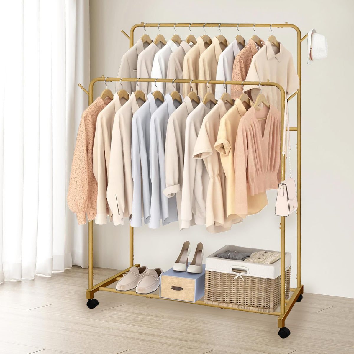 AT-VALY Double Rods Clothes Rack, Sturdy Metal Garment Rack with Wheels, Portable Wardrobe Rack with Bottom Shelf & Side Hooks, Heavy Duty Coat Hanger Stand for Bedroom, Laundry, Living Room,Gold