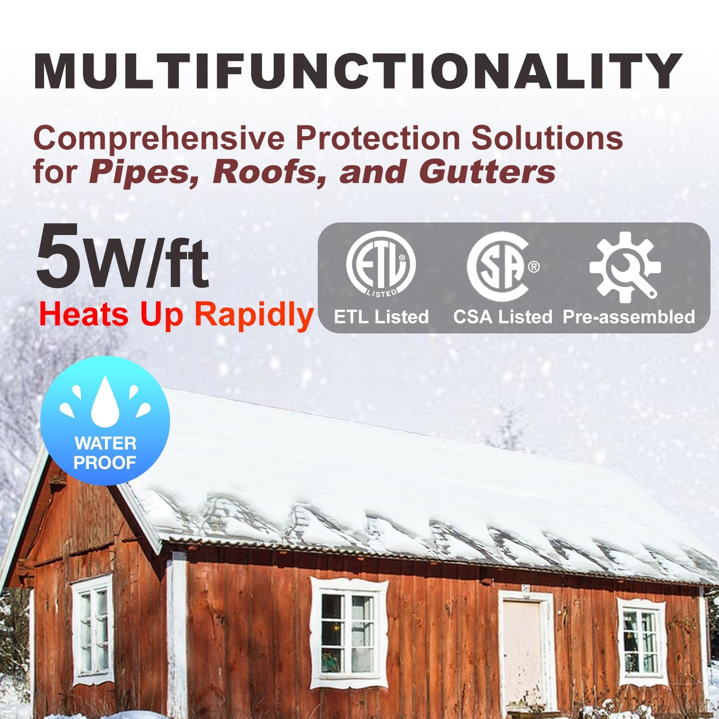 TOPDURE 60 feet Roof & Gutter Snow De-Icing Kit, 5W/ft Heat Tape for Roof and Gutters Ice Dam Prevention with 6 ft Power Cord, TDRD-300-1