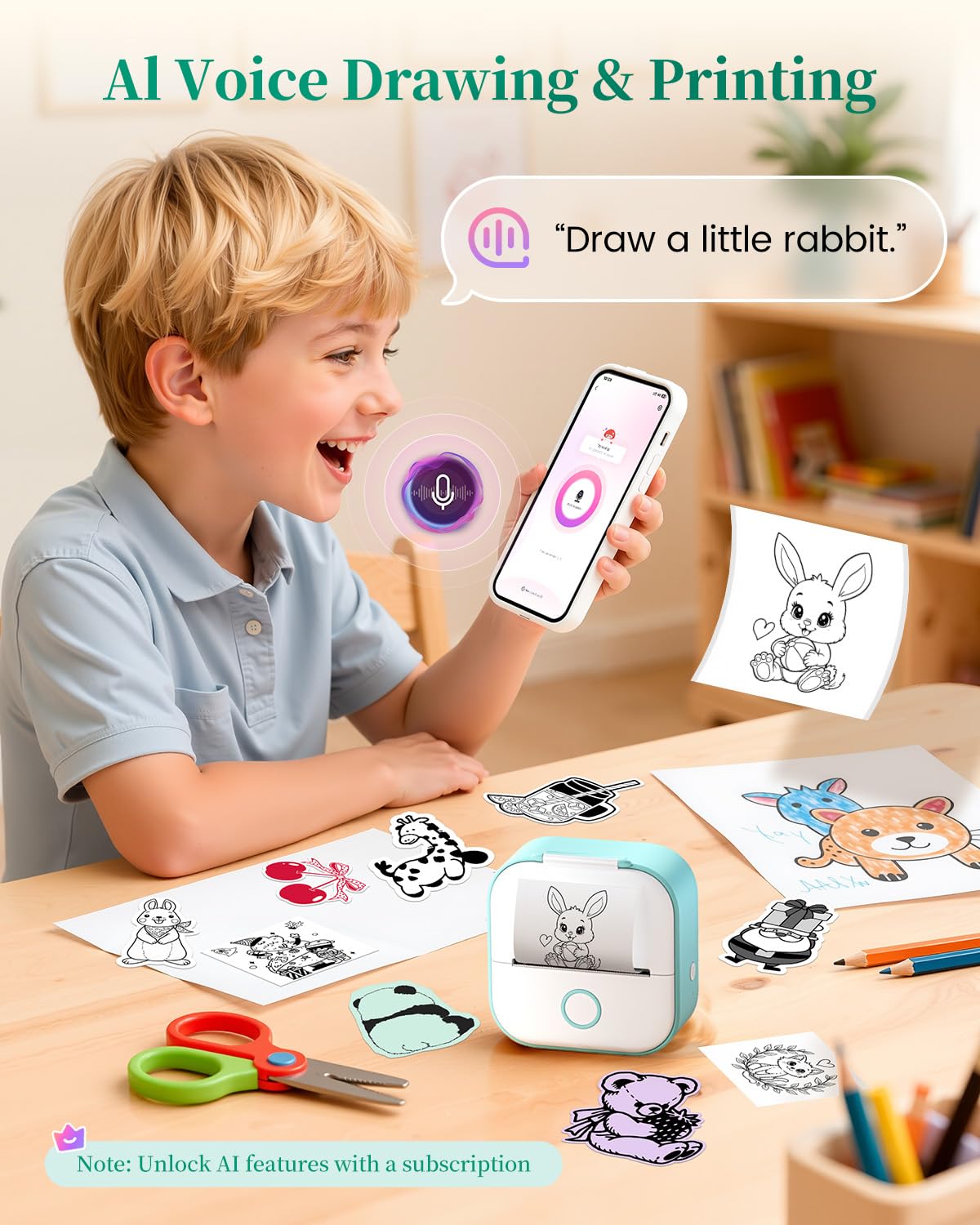 Memoking Mini Sticker Printer - T02 Portable Thermal Printer Inkless Photo Printer Bluetooth Sticker Maker for Kids Print Pods Instant Print, Smart AI APP, for Student Study Note, Journal, DIY, Gift