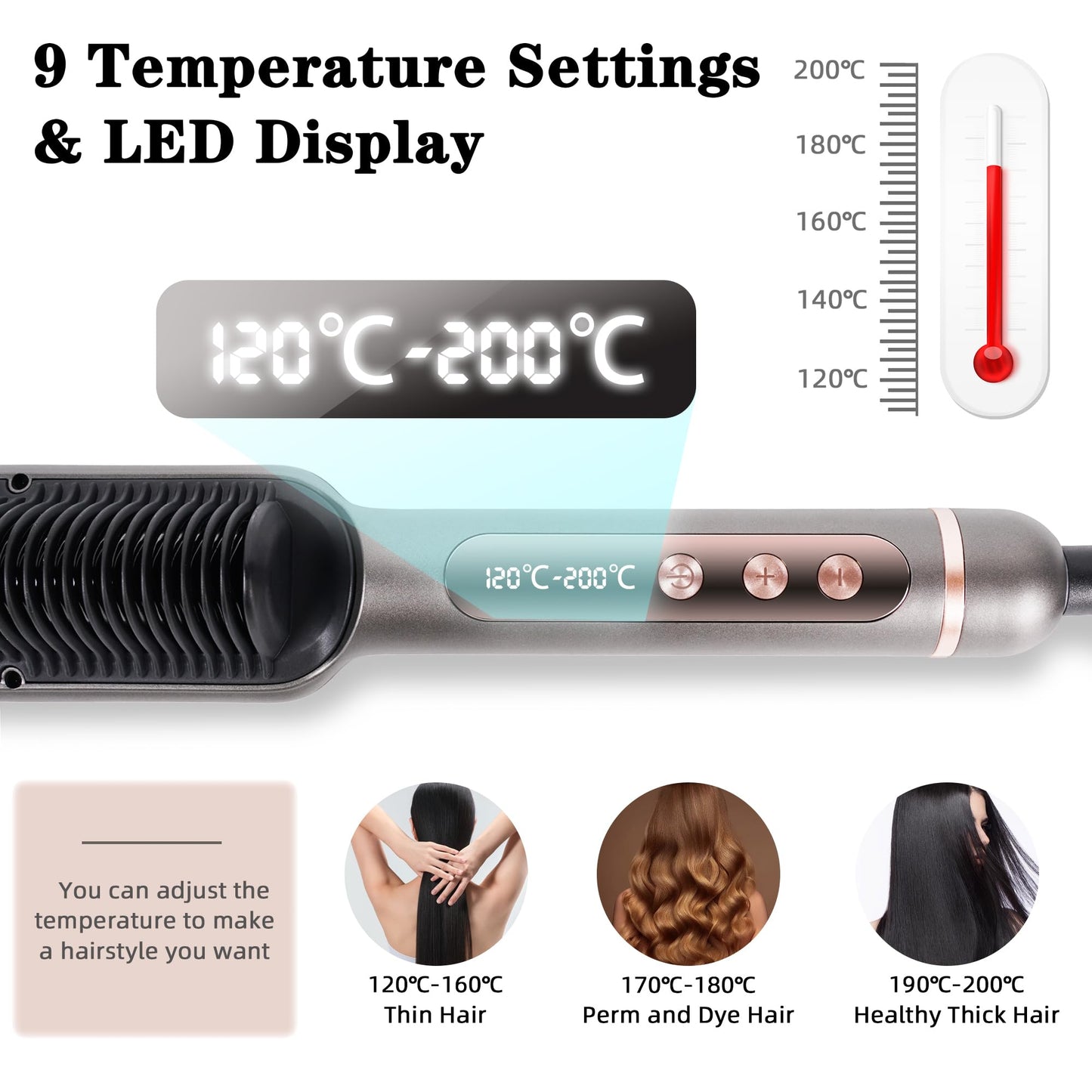 Hair Straightener Brush, 2 in 1 Flat Iron & Hair Brush for Straightening Hair, Anti-Scald Hot Straightening Comb with Negative Ions, 30s Fast Heating, 9 Temp Settings (120℃~200℃) and LED Display