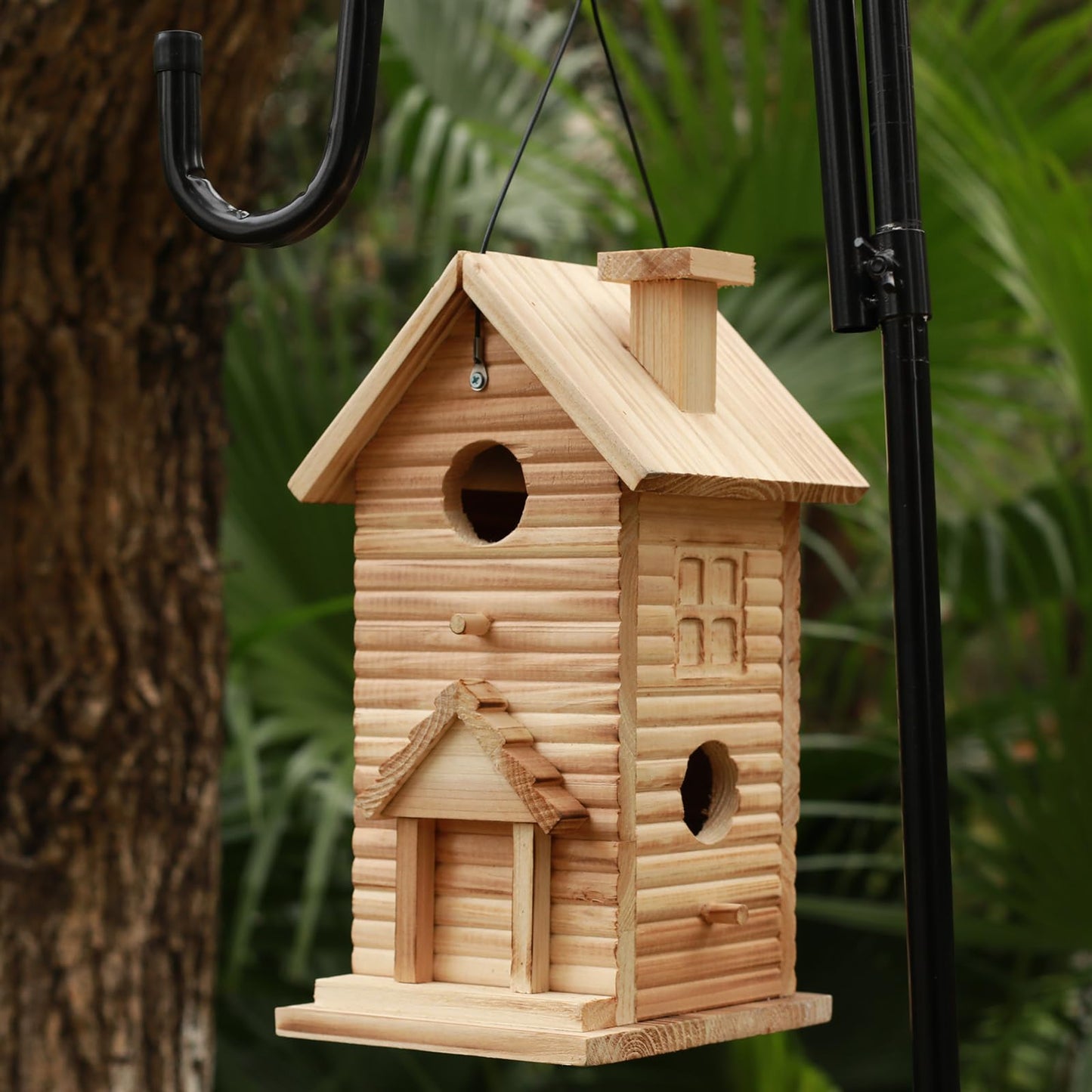 Wooden Bird House Outside Hanging, Carved Window Decorations, Outdoor Birdhouses 2 Hole