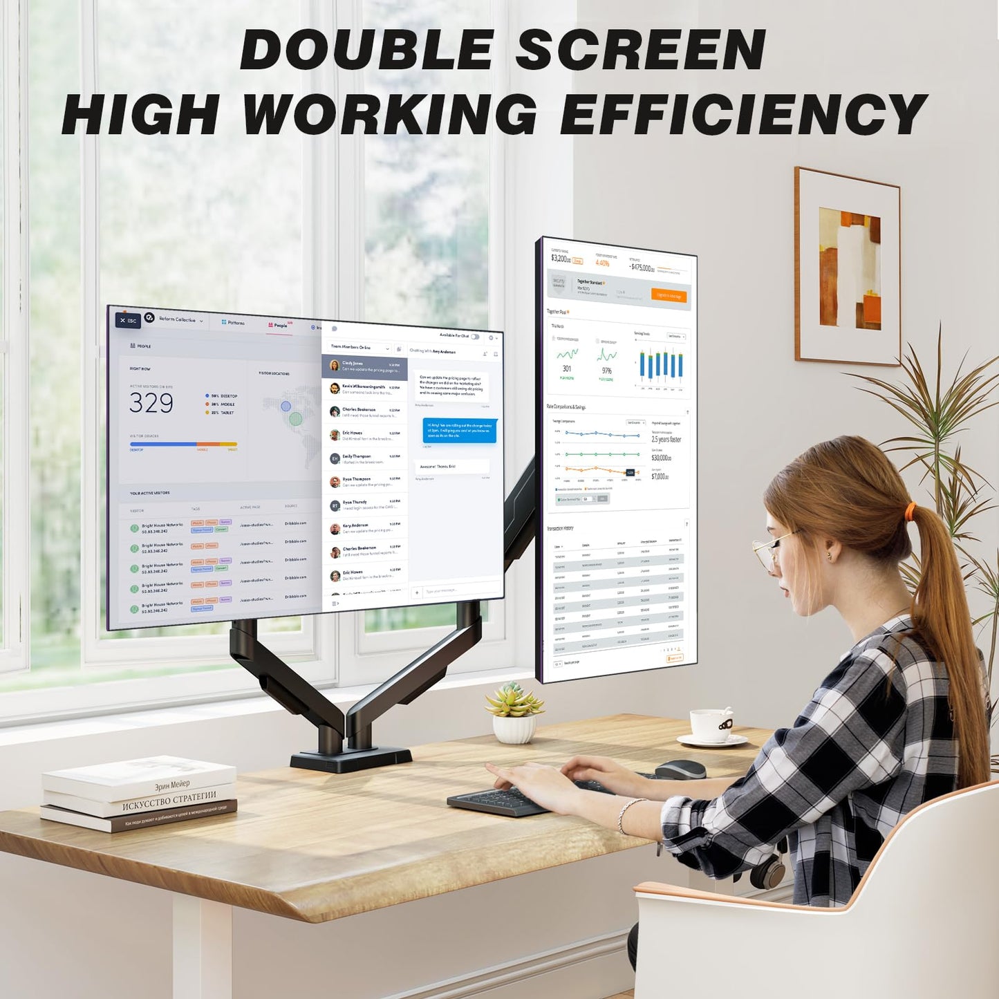 Dual Monitor Stand - Adjustable Dual Arm Mount for 17-35 Inch Screens, Ergonomic VESA Mount with C Clamp/Grommet Base, Each Arm Holds up to 22lbs, Black