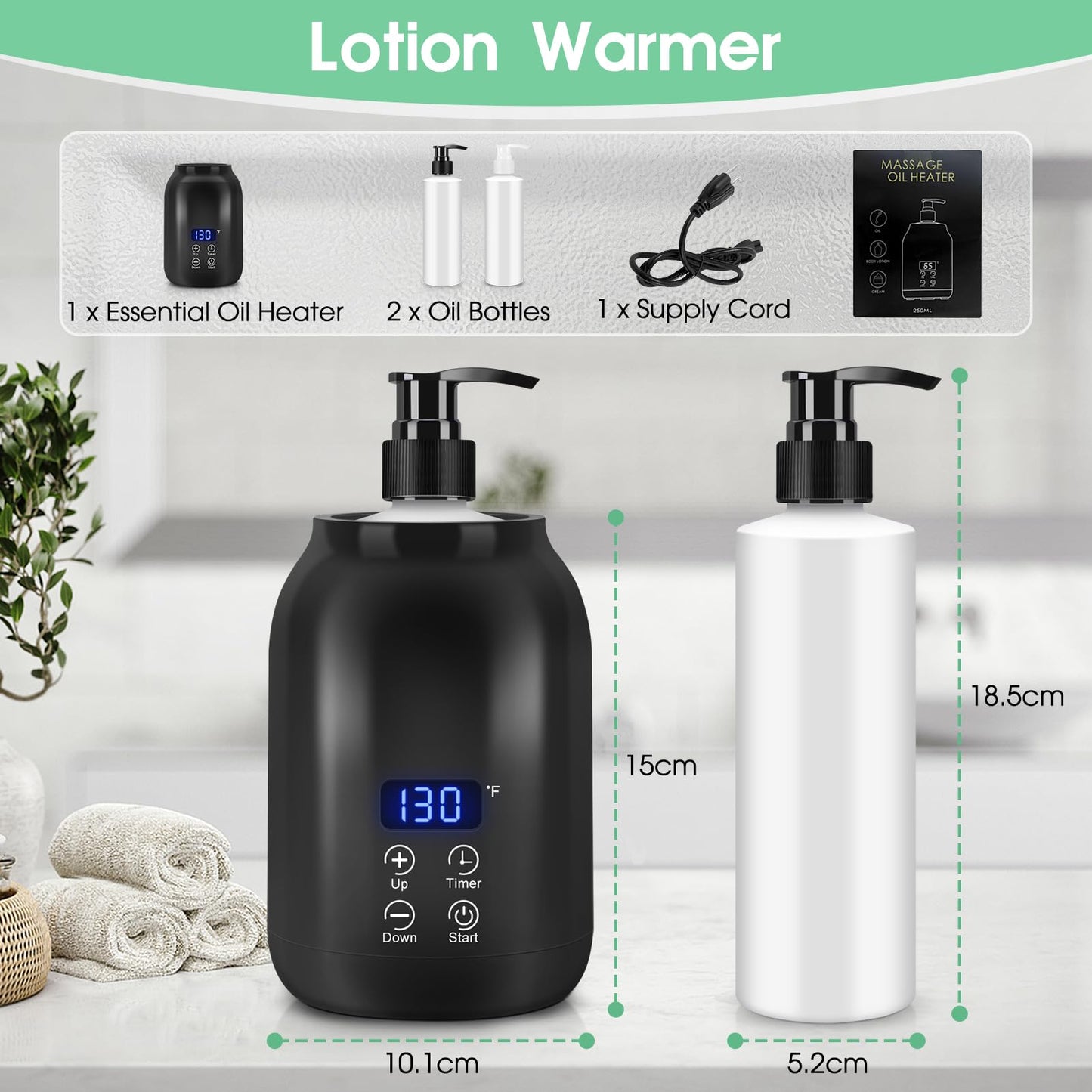 Gugxiom Massage Oil Warmer, LED Display Single Bottle Pro Massage Heater, Temperature Control Oil Warmer for Massage with 2 Oil Bottles, for Lotion Cream (US Plug)