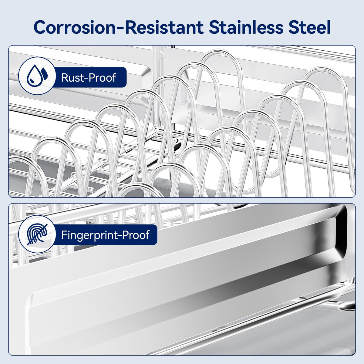 Pantasia Stainless Steel Dish Drying Rack - Expandable Dish Racks for Kitchen Counter Organizer with Drain Board, Detachable Utensil & Cup Holder, Dish Drainer for Small Kitchen Counter, Grey
