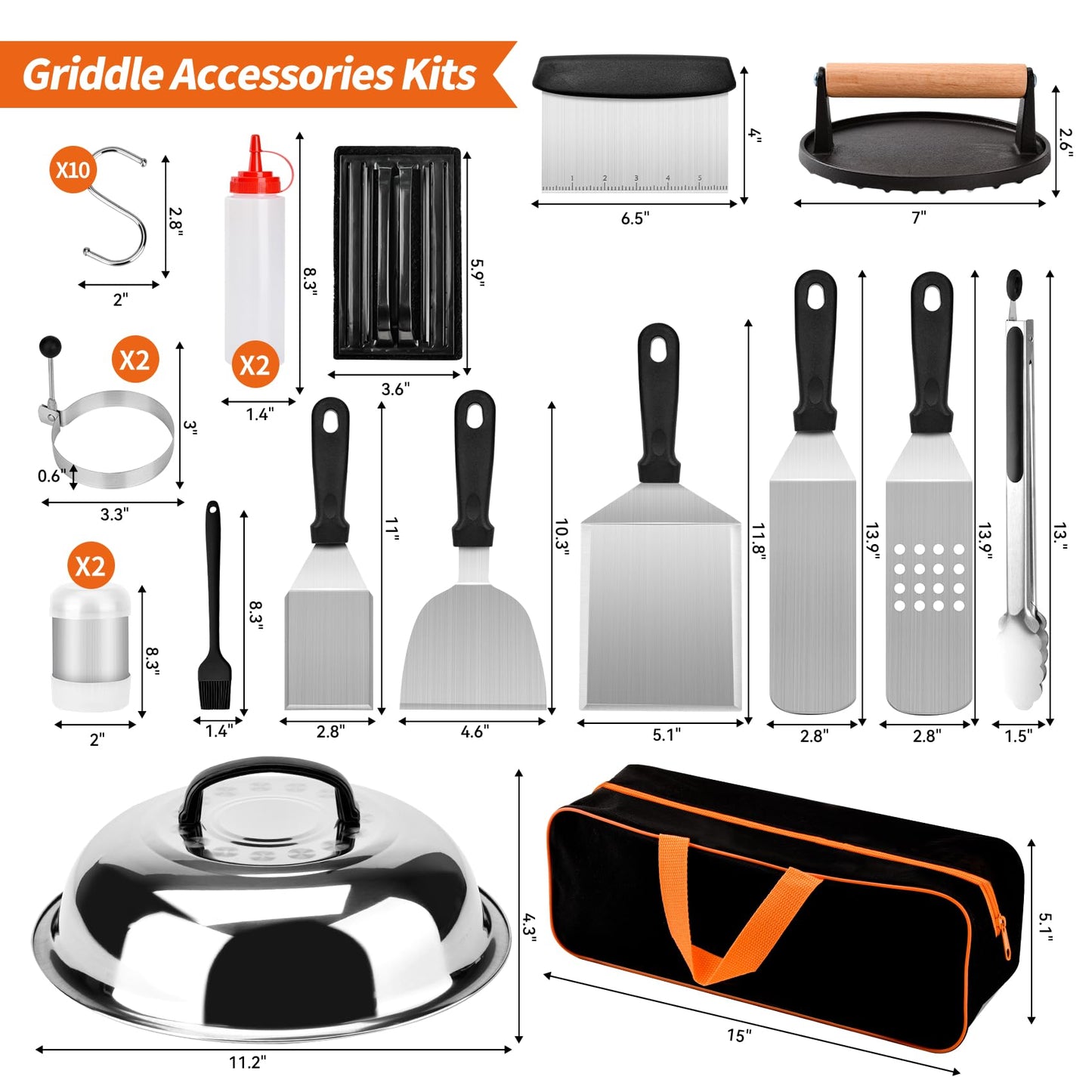 Bbcuepro 28 PCS Griddle Accessories Kit - Stainless Steel Flat Top Grill BBQ Spatula Set with Extra Large Spatula and Burger Press for Outdoor Barbecue Camping Cooking