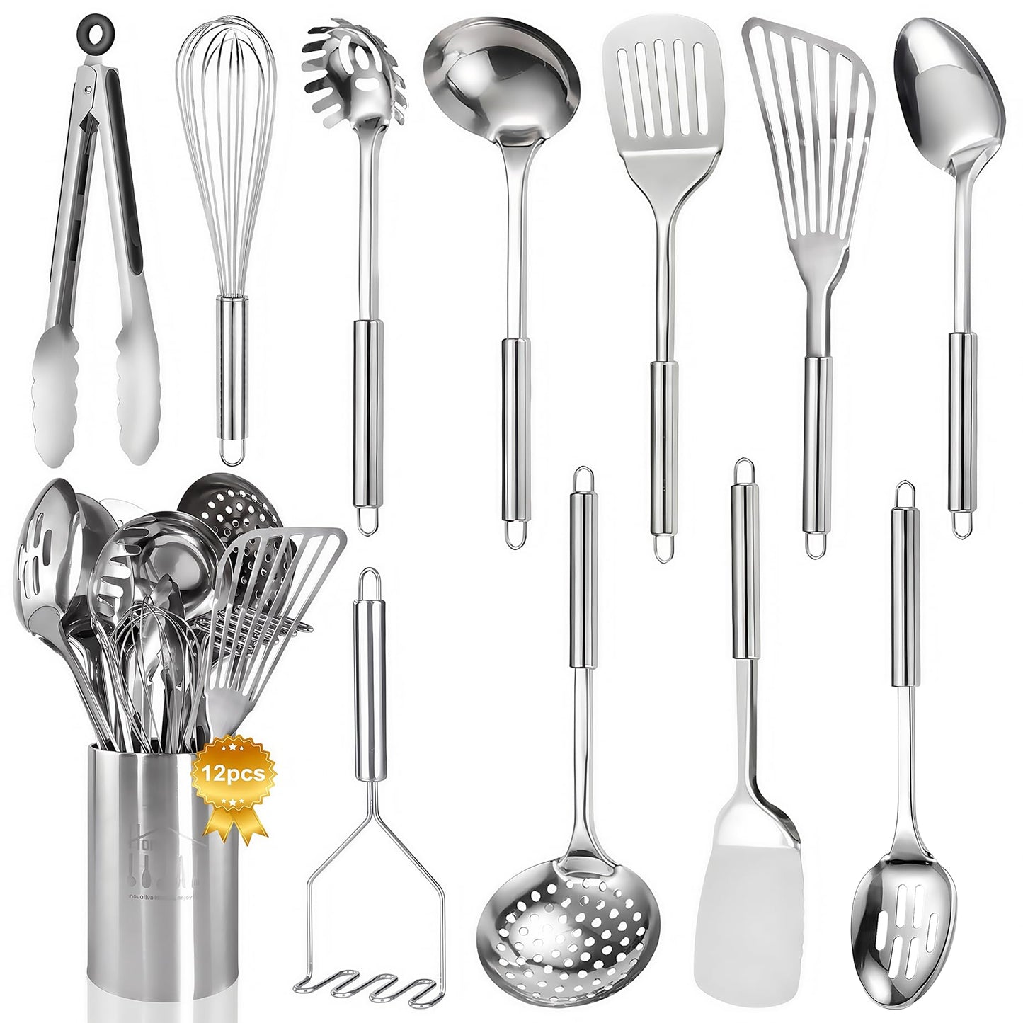 Stainless Steel Kitchen Utensils Set - 12pcs Cooking Utensil Set with Holder, Heat Resistant Metal Spatula Sets for Cooking, Stainless Steel Utensils Set with Turner Potato Masher Spoon Tong Whisk