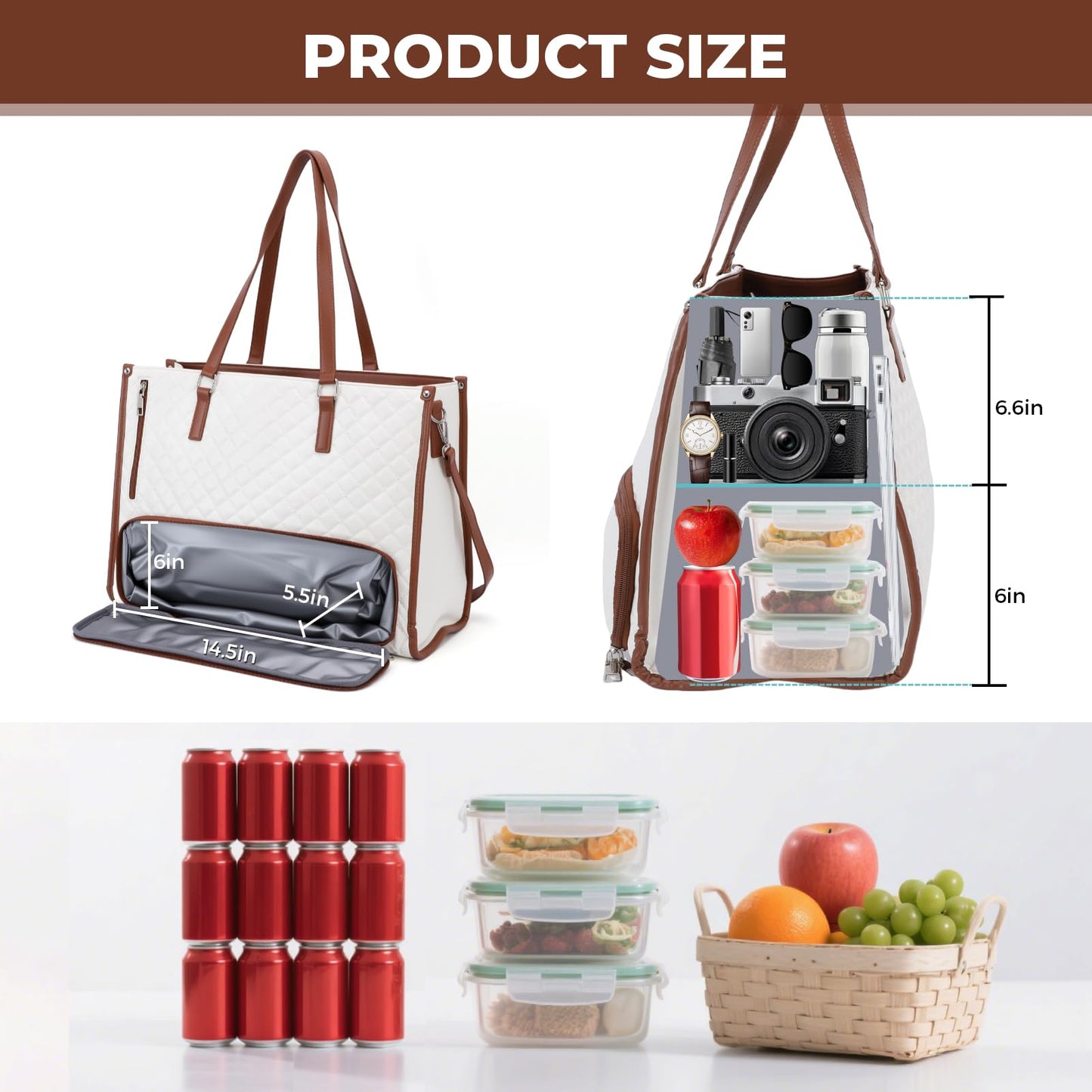 Lunch Work Tote Bags for Women, 15.6 Inch Laptop Bag with Insulated Lunch Compartment, 2 in 1 Tote Bag Lunch Bag Combo with Small Purse and Shoulder Strap for Work, University, Office, Picnic (White)