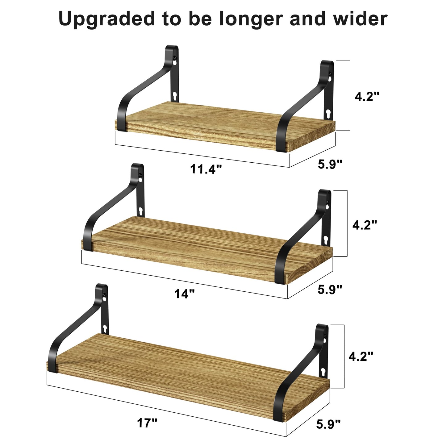 Love-KANKEI Floating Shelves Wall Mounted Set of 3, Large Wood Wall Shelves for Storage, Rustic Shelves for Bathroom,Bedroom,Living Room,Kitchen,Office Display Carbonized Black