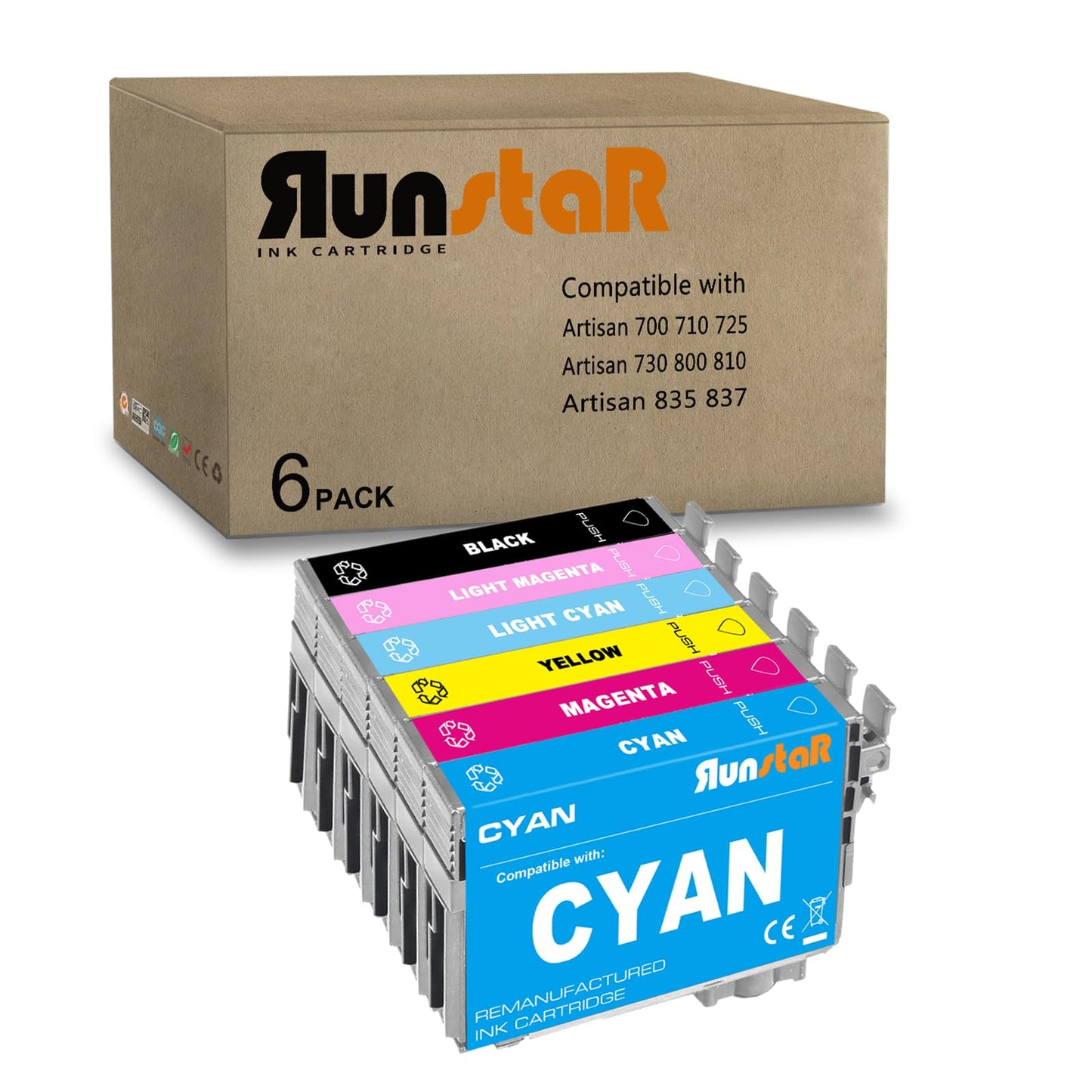 Run Star Remanufactured 6 Pack T098 T099 98 99 Ink Cartridge Replacement for Epson 98 99 use with Epson Artisan 700 710 725 730 800 810 835 837 Printer (6 Pack, B/C/M/Y/LC/LM)