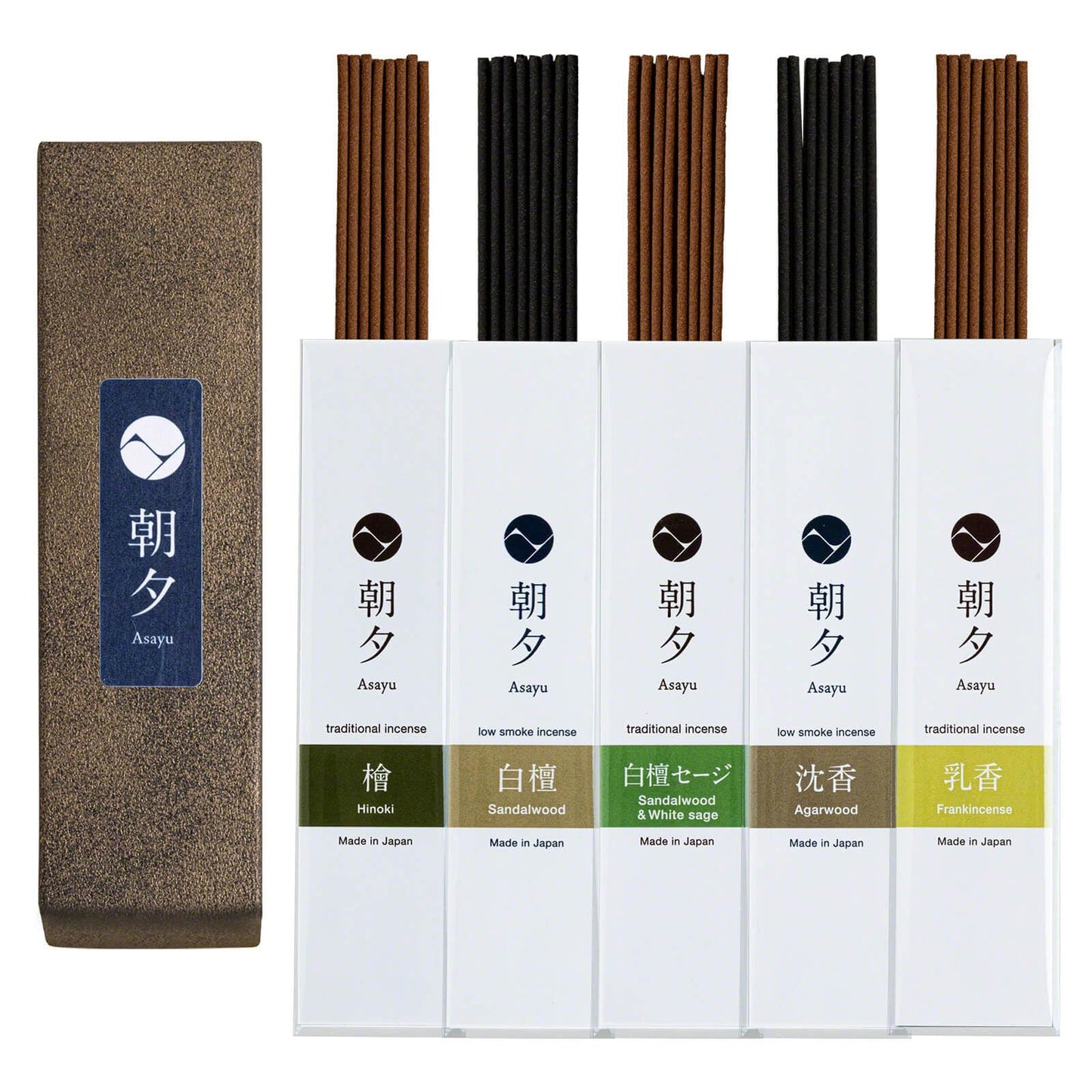 Asayu Japan 100% Natural Incense Sticks Assortment, 5 Scents (Sandalwood, Agarwood, Hinoki Cypress, White Sage, Frankincense), Made in Japan Incense Sampler Variety Pack - Natural Incense 5 scents