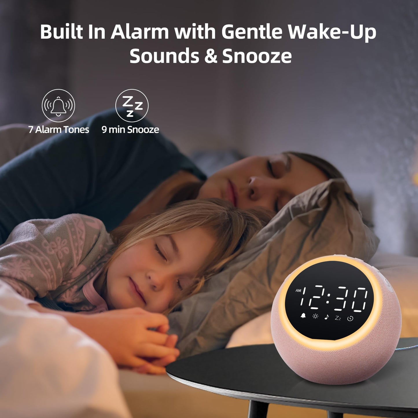 Mee 2ou Smart Alarm Clock for Bedrooms, Digital Alarm Clock with White Noise Machine, 25 Sounds, Snooze, Sleep Timer, Adjustable Volume for Kids, Adults, Heavy Sleepers, Pink