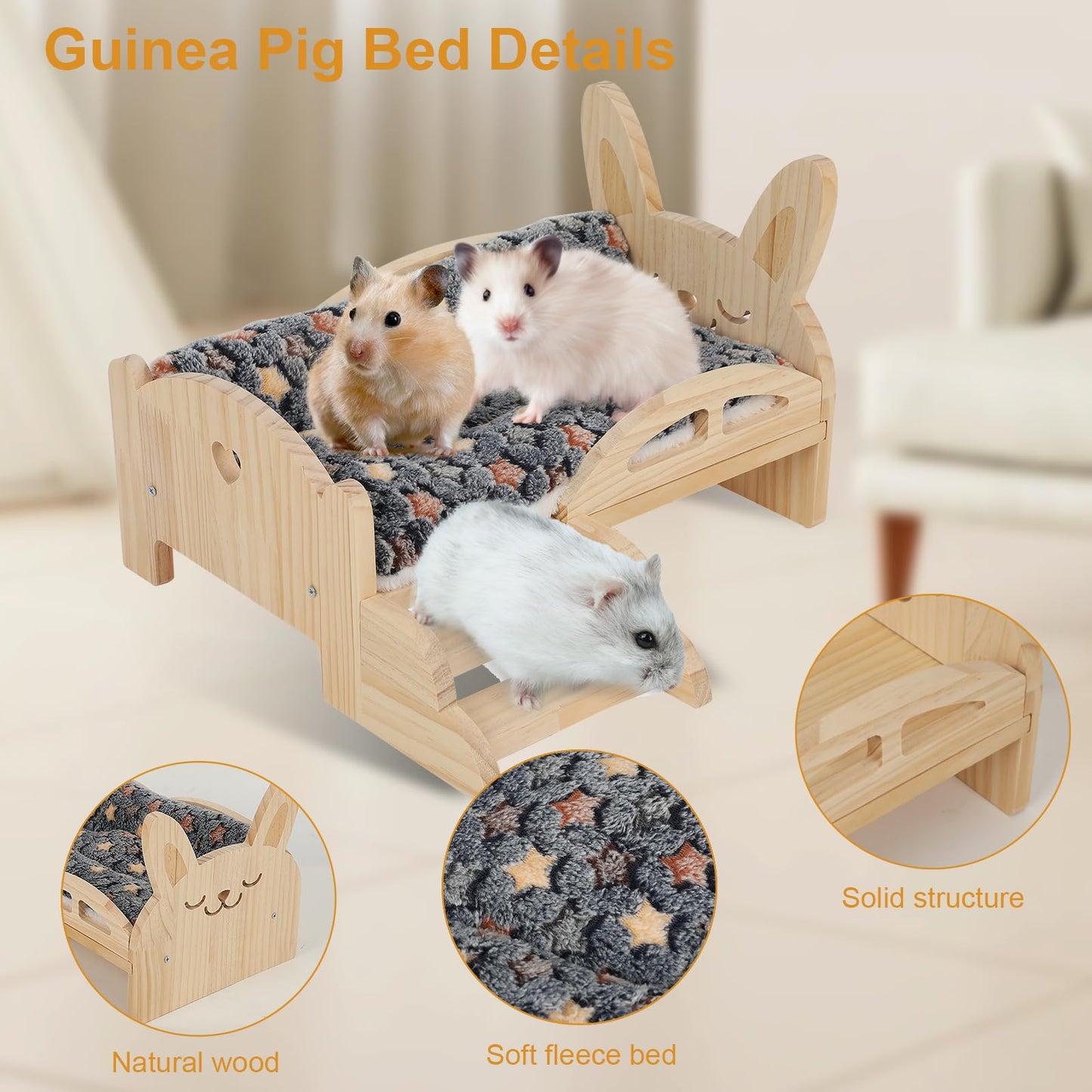Wooden Guinea Pig Bed, Wooden Guinea Pig Hammock with Rabbit Bed, Hamster Bed with Ladder, Small Pet Habitats, for Guinea Pigs Ferrets Small Rabbits (B)