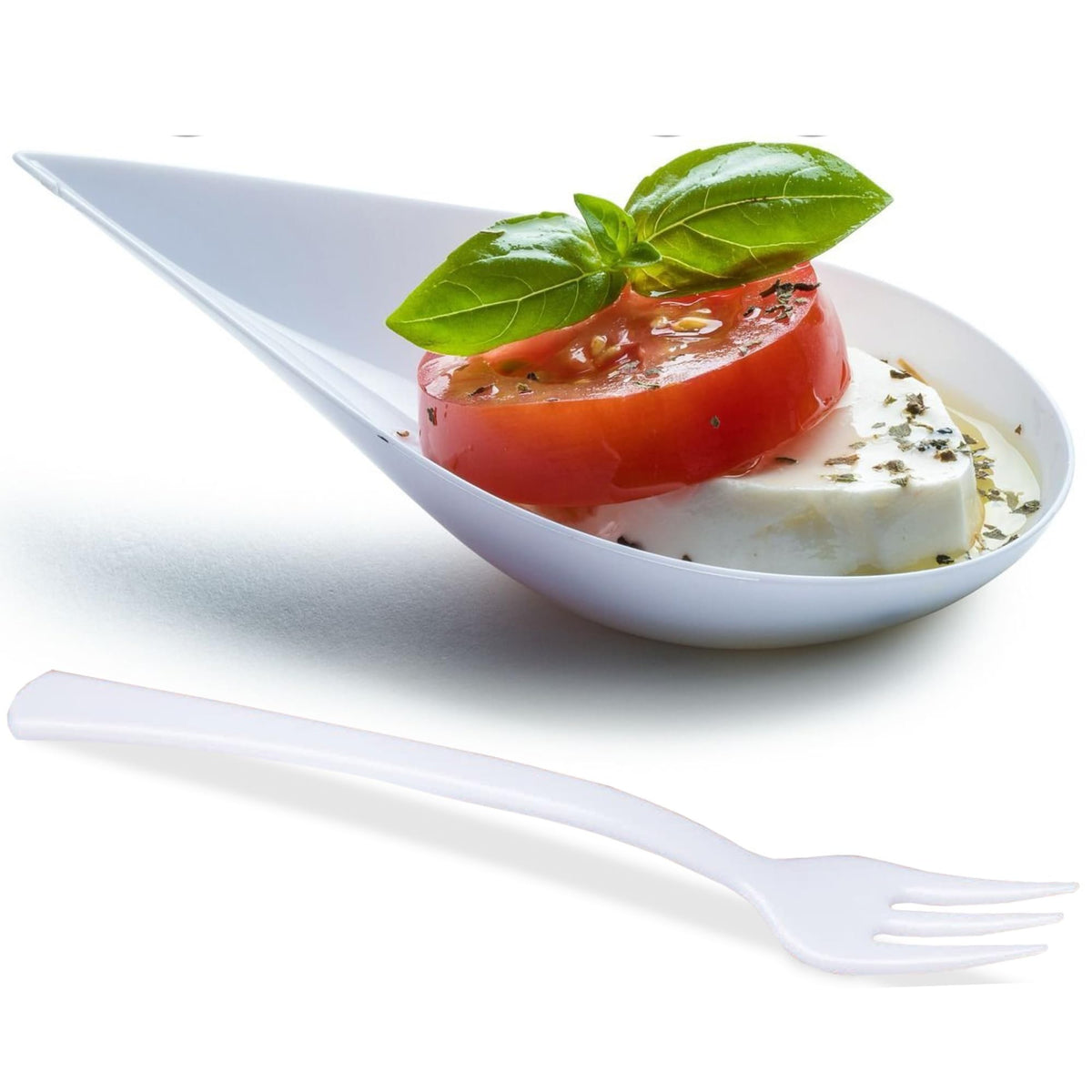 DLux 100 4-in Tear Drop Mini Appetizer Plates with Forks, Reusable White Plastic Spoons - Desserts and Appetizers Dishes Serving Plate - Asian Spoon Set, Small Catering Dessert Tasting Cups
