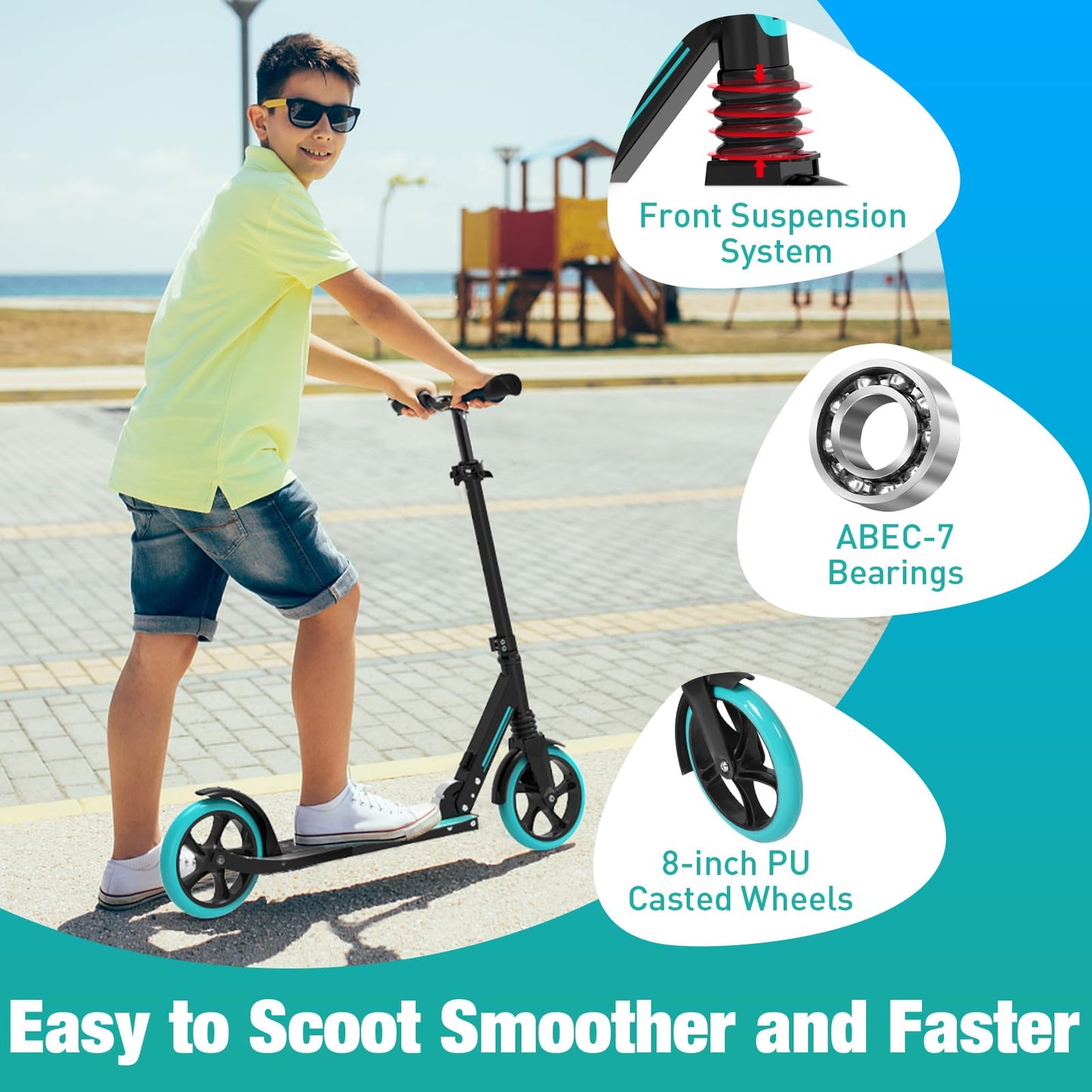 BELEEV V5 Scooters for Kids, Adults, Teens, Quick-Release Foldable System, Front Suspension System, 200mm Big Wheels Scooter with 4 Adjustable Height, Kick Scooter with Carry Strap, Teal