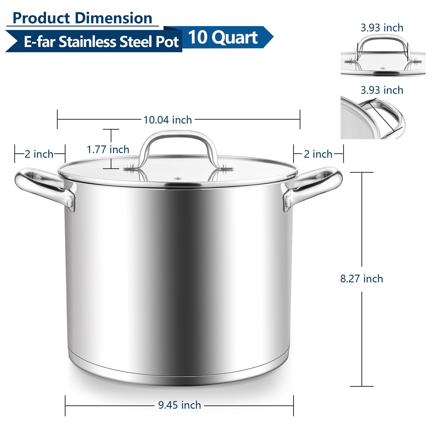 E-far 10 Quart Stainless Steel Stock Pot, Large Cooking Pot with Glass Lid for Soup Canning Stewing Simmering, Heavy Duty Cookware with Triply Base for Induction Gas Ceramic Stoves, Dishwasher Safe