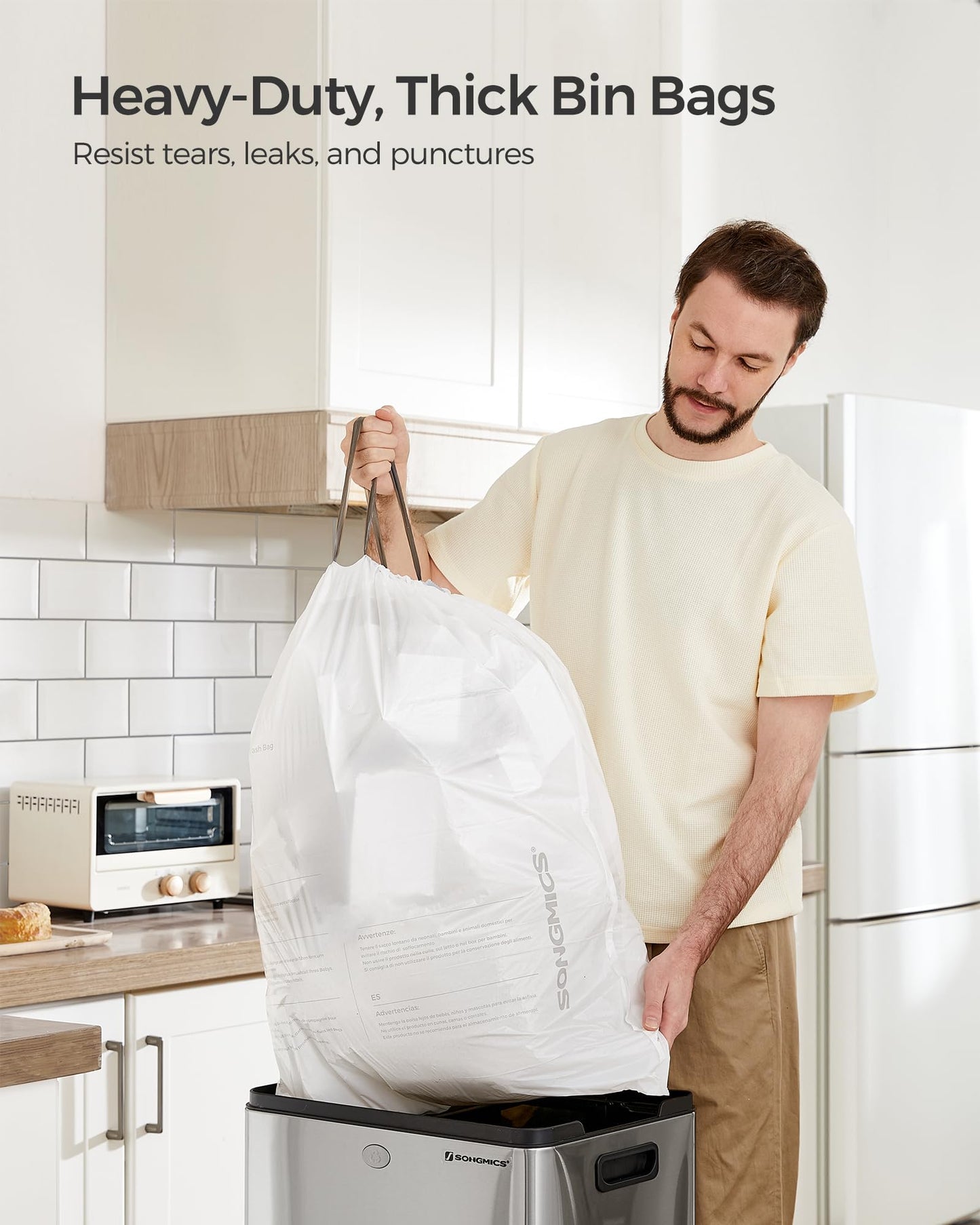 SONGMICS Trash Bags for 12-14.5 Gallon (45-55L) Trash Cans, 120 Count Drawstring Kitchen Garbage Bags, Pre-Separated, Liner Code 055A01, 3 Rolls,White UKRB055A03