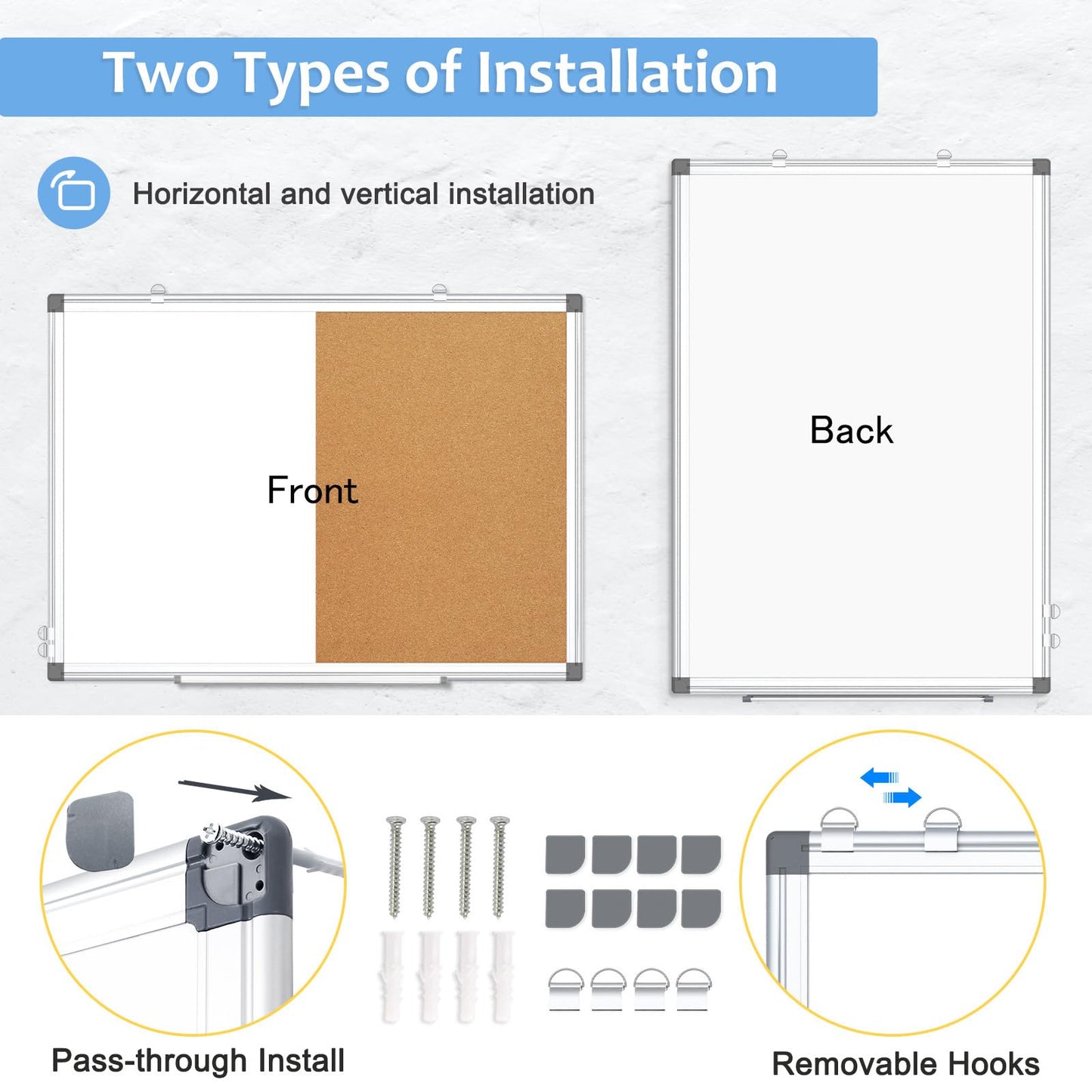 AMUSIGHT Double-Sided Combination Magnetic White Board & Cork Board, 36" x 24" Dry Erase Board & Cork Board Combo for Wall, Hanging Whiteboard for Planning, Kitchen, Memo, School, Home, Office
