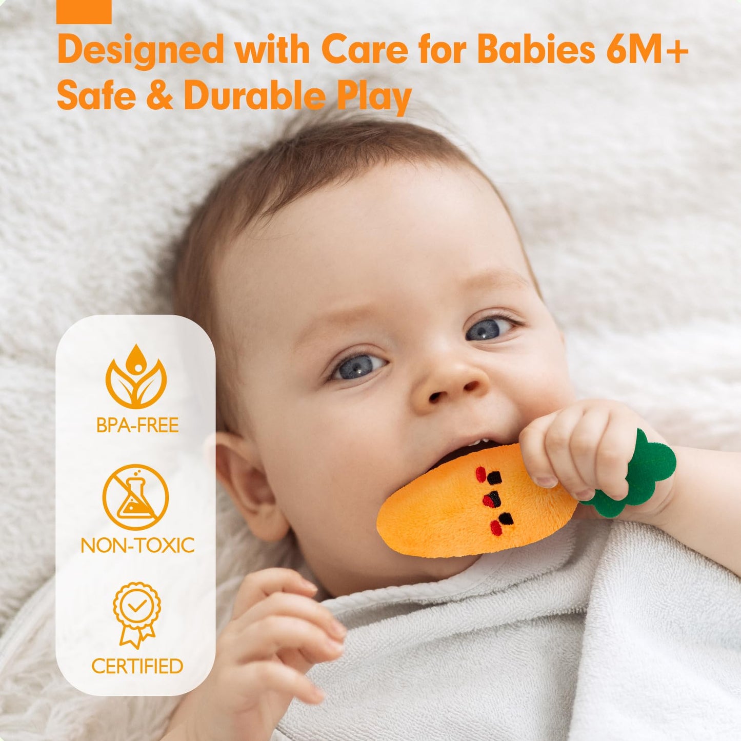 hahaland Baby Toys 6-12 Months - Fruits Vegetables Garden Plant Plush, 6 Month Old Toys Sensory Toy Carrot Flower with Rattles, Mirror, Squeaker, Textures, Crinkle Tissues for Babies