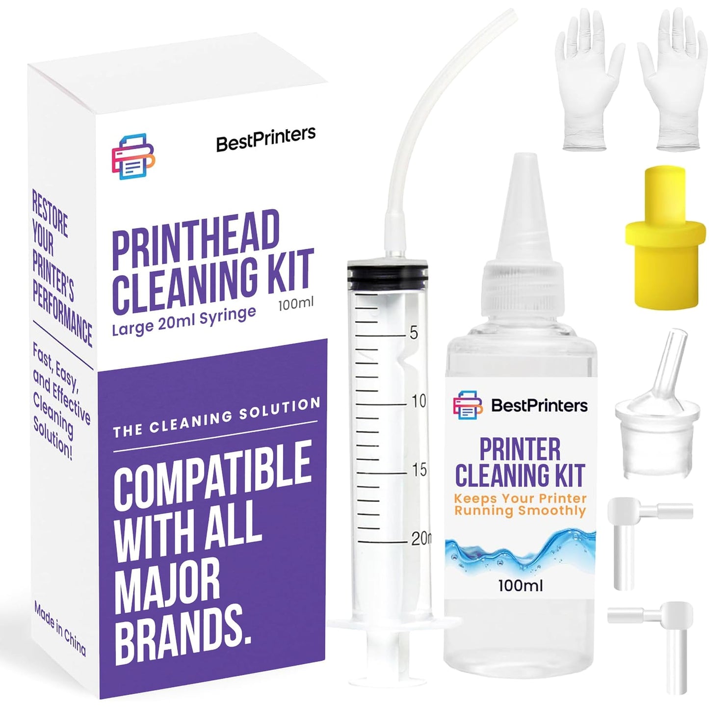 Print-Head Cleaning Kit for Epson, HP & Canon - Large High Efficiency 20ml Premium Syringe - 10oz 100ml