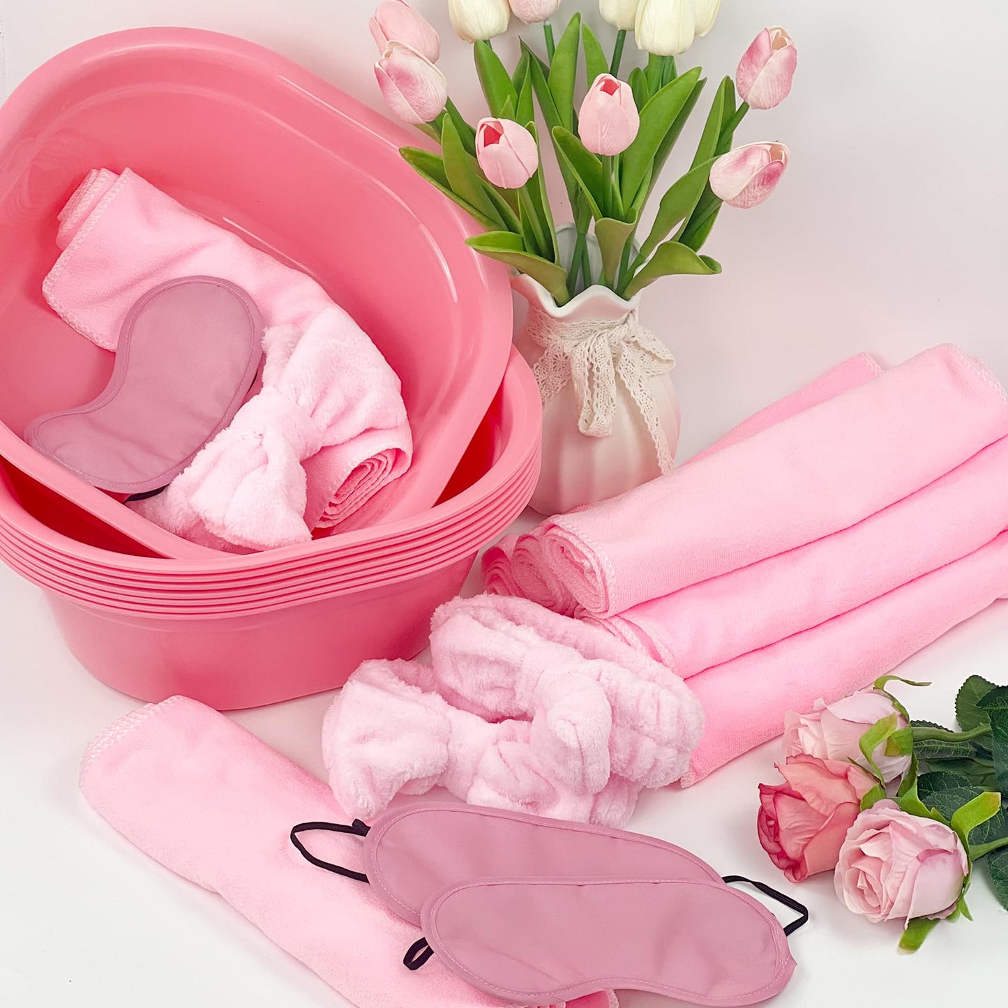 32 Pcs Foot Spa Kit for Kids, Light Pink 8 Foot Tubs for Soaking & 8 Towels & 8 Hairbands & 8 Eye Masks, Spa Party Supplies for Girls for Sleepovers Slumber Party