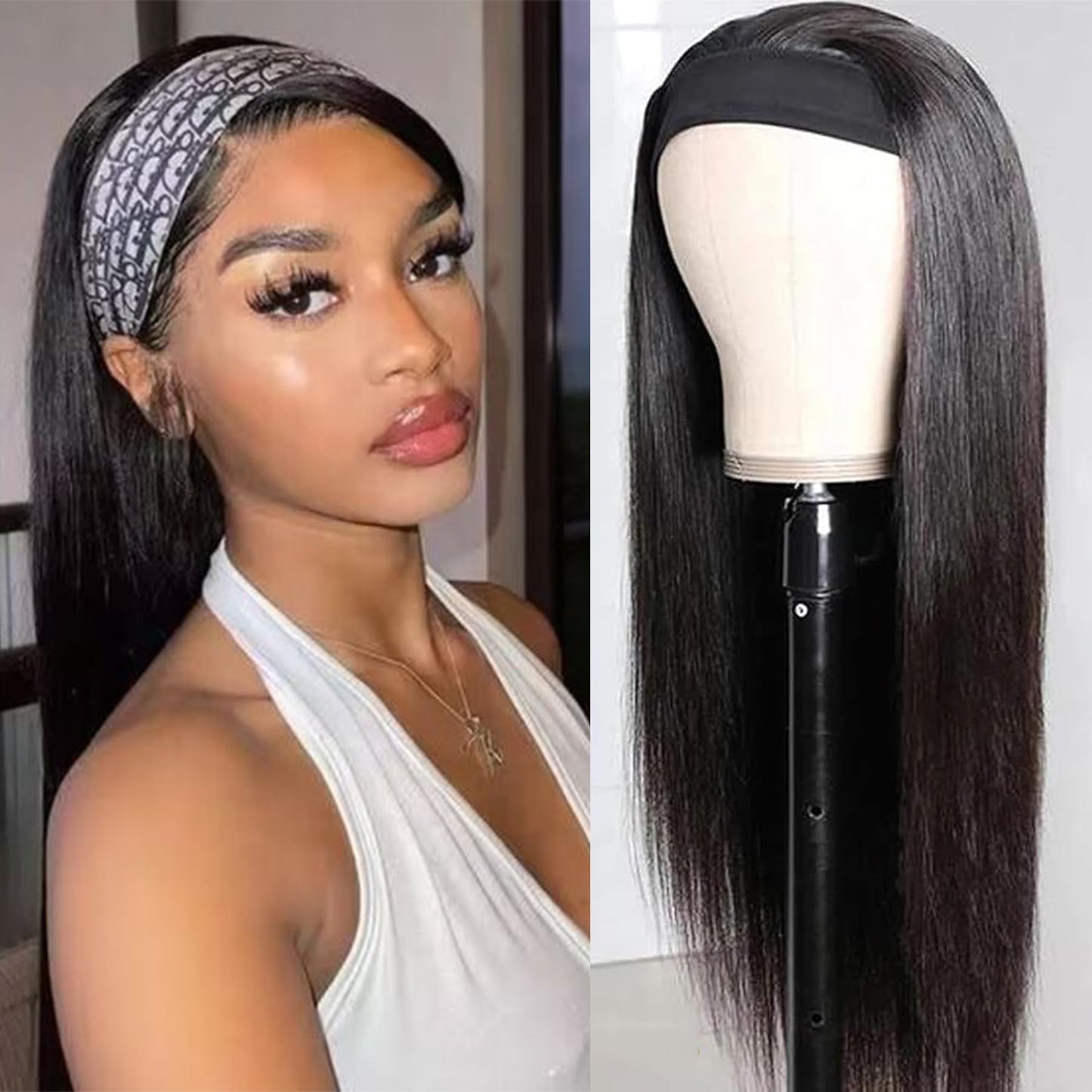 Straight Headband Wig Human Hair Wear and Go Glueless Wigs 150% Density Machine Made No Lace Headband Wig 20 Inch Natural Color Brazilian Virgin Hair