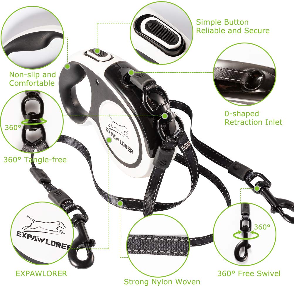 EXPAWLORER Dual Retractable Dog Leash - Double-Head Lockable Extendable Pet Leash - 16FT Reflective Nylon Ribbon - 360 Tangle-Free for Two Dogs Walking Training
