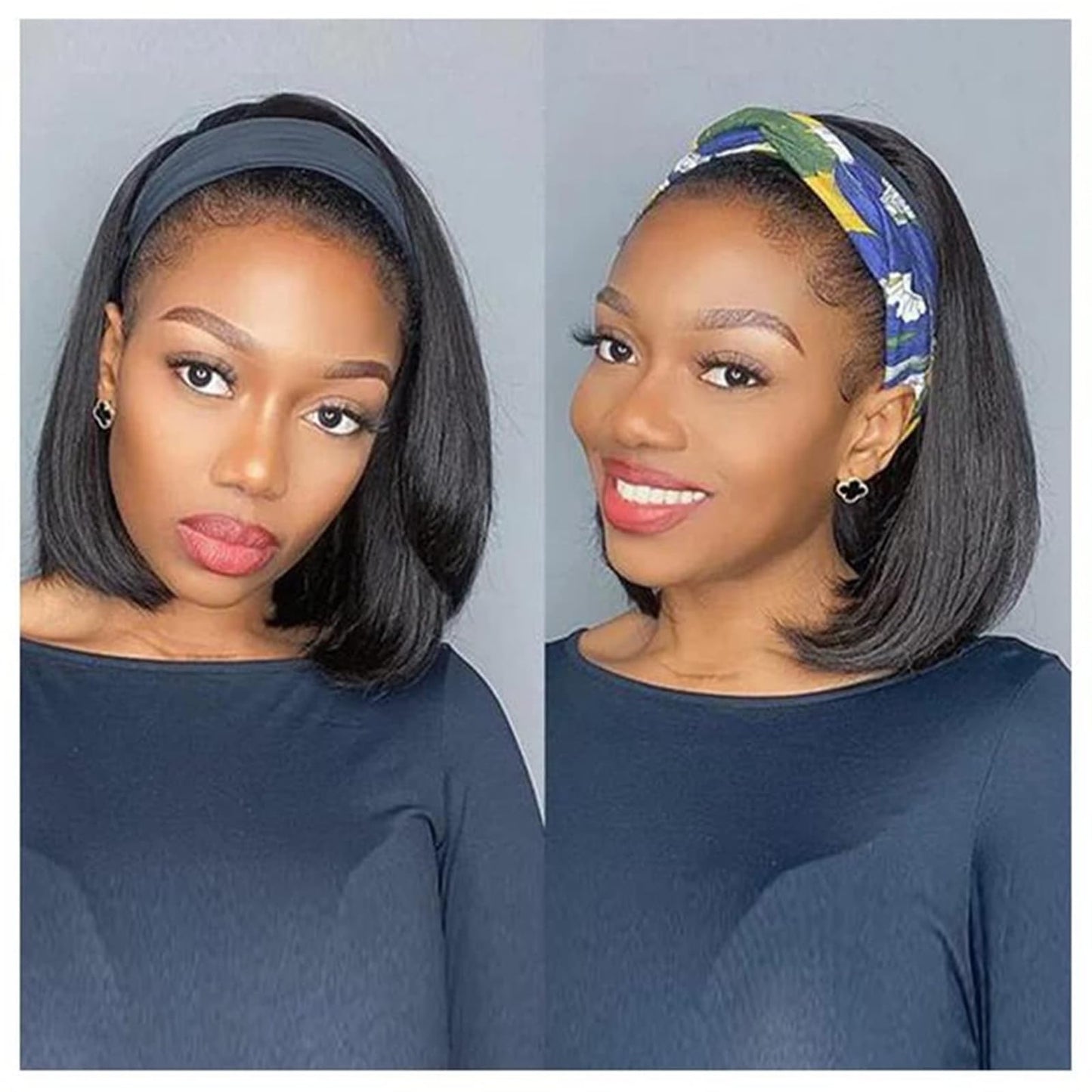 Adette Bob Human Hair Headband Wigs Straight Headband Wigs For Black Women Short Bob Human Hair Wigs Color 1B Natural Black None Front Lace 150% Density Brazilian Human Hair Headband Wig (10")